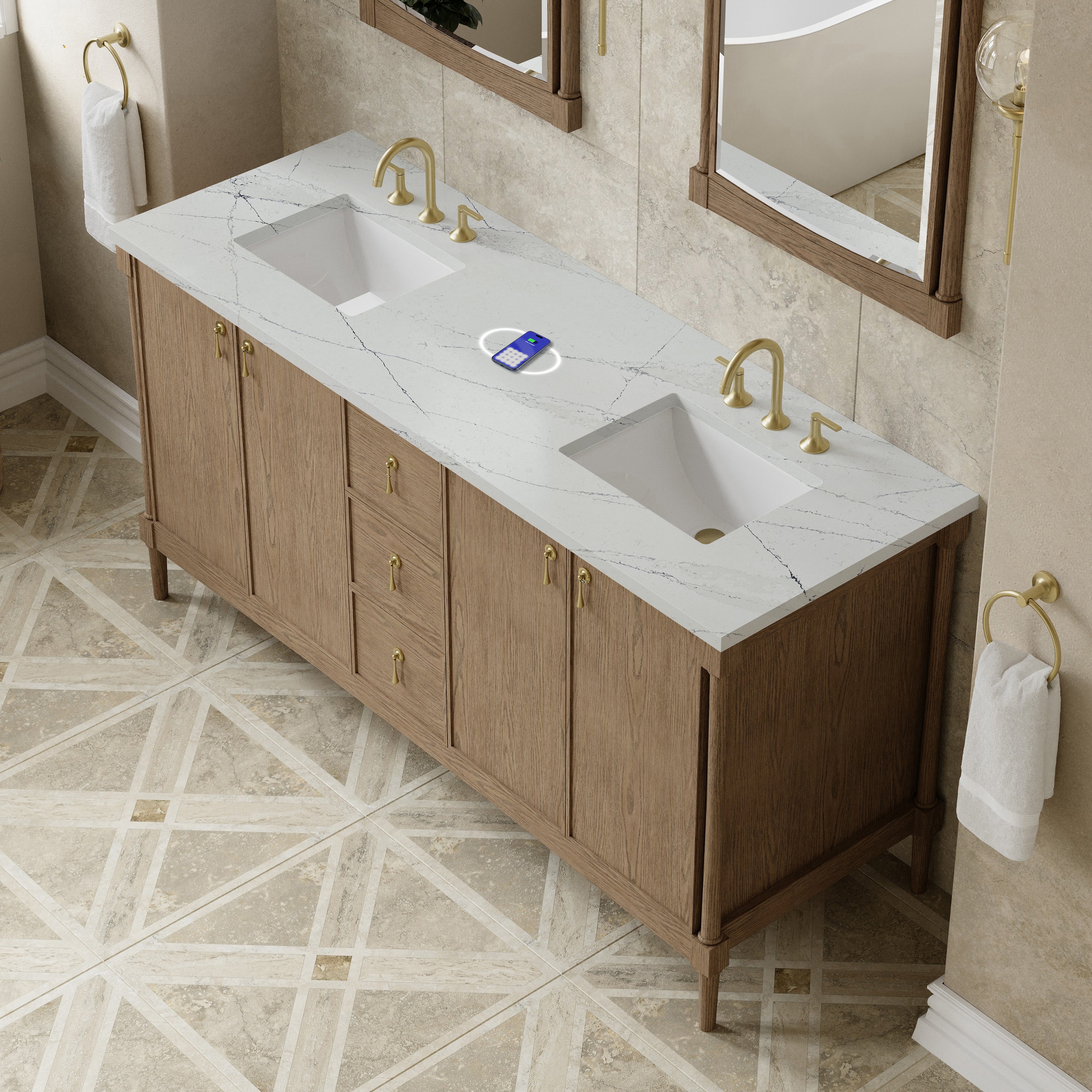James Martin Kinnsden 72" Double Vanity in Weathered Oak with 3cm Carrara Marble Top and FreePower Wireless Charger
