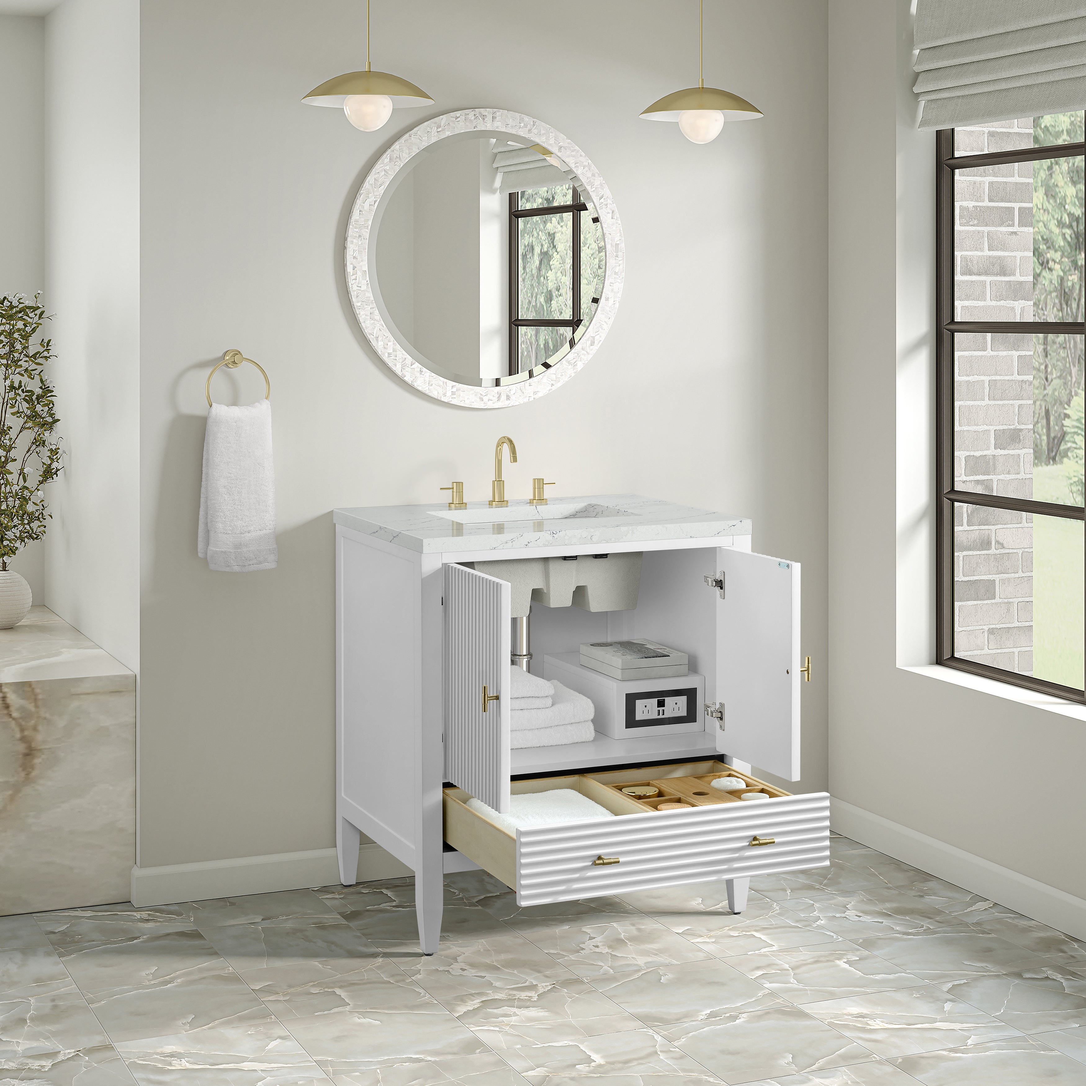 James Martin Myrrin 30" Single Vanity in Bright White with 3cm Countertop