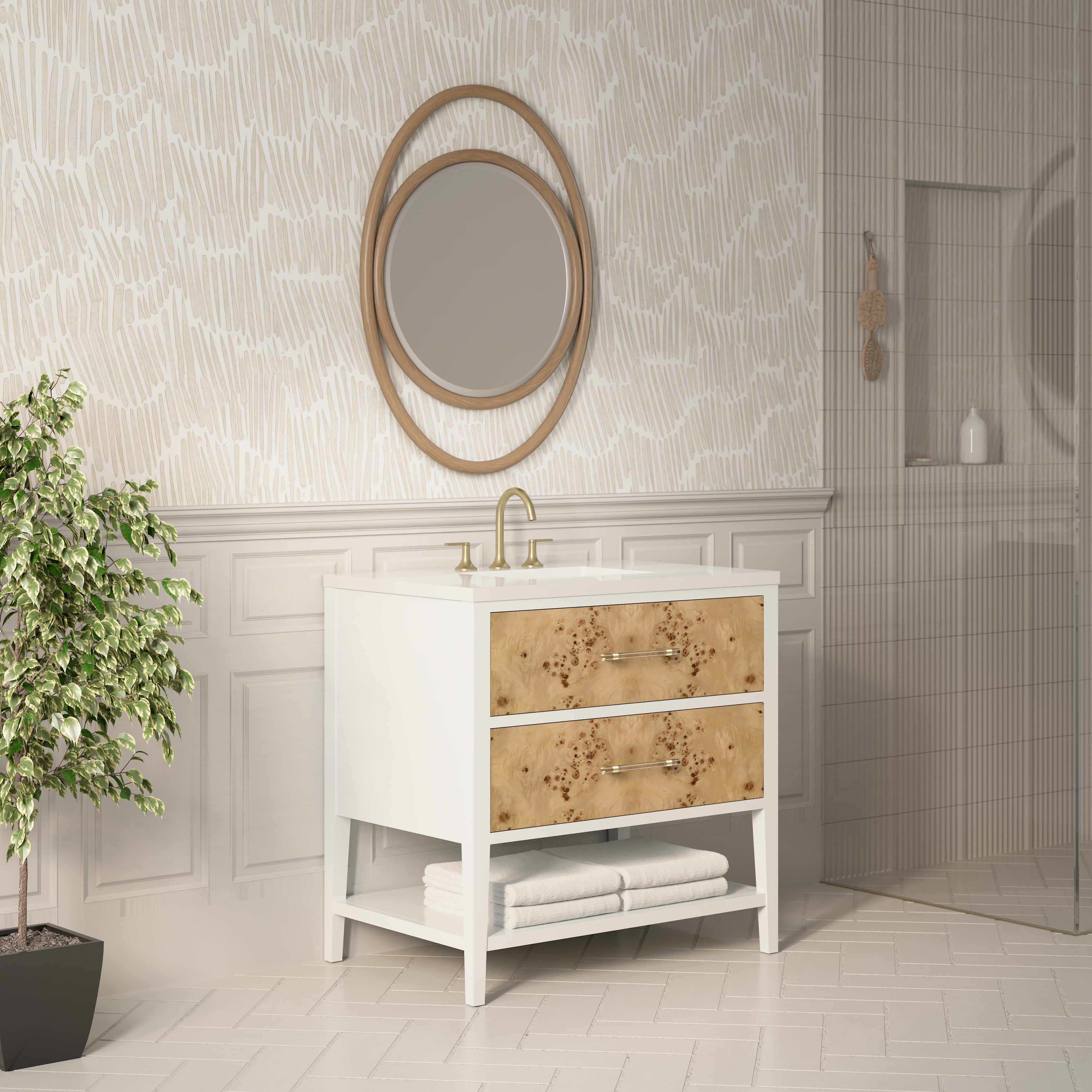 James Martin Olena 36" Single Vanity in Light Mappa Burl and Polished White with 3cm Countertop