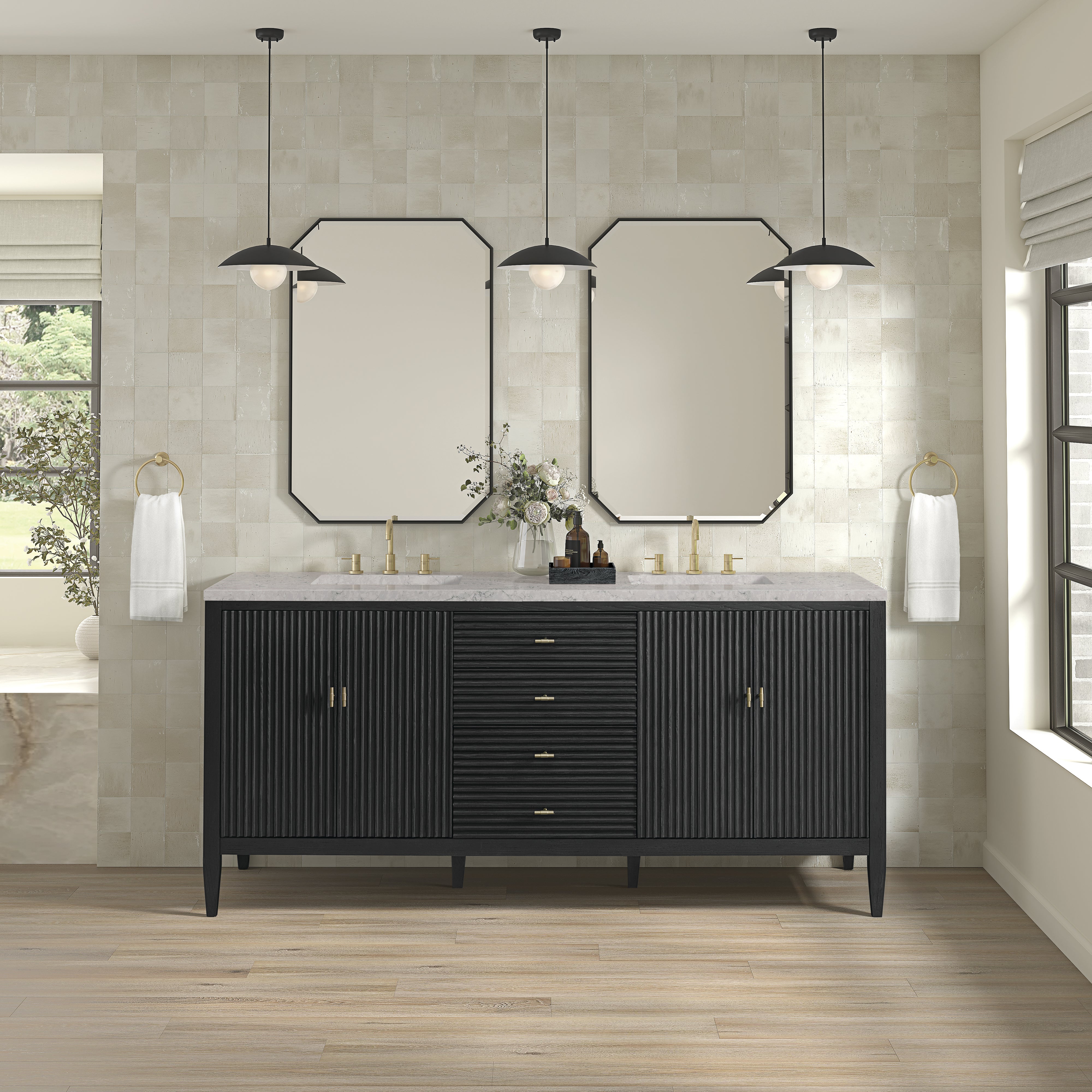 James Martin Myrrin 72" Double Vanity in Carbon Oak with 3cm Countertop and FreePower Wireless Charger