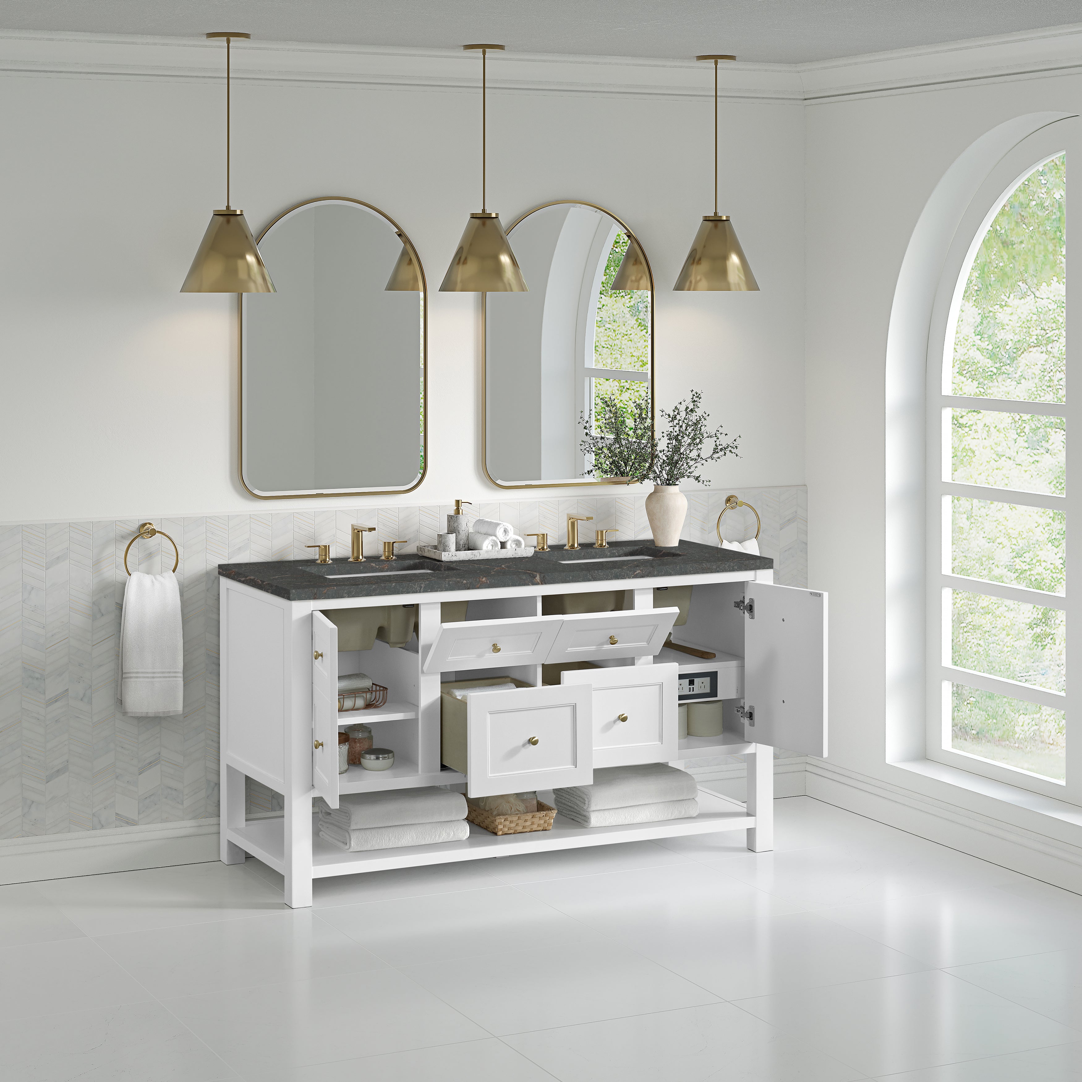 James Martin Breckenridge 60" Double Vanity in Bright White with 3cm Countertop and FreePower Wireless Charger