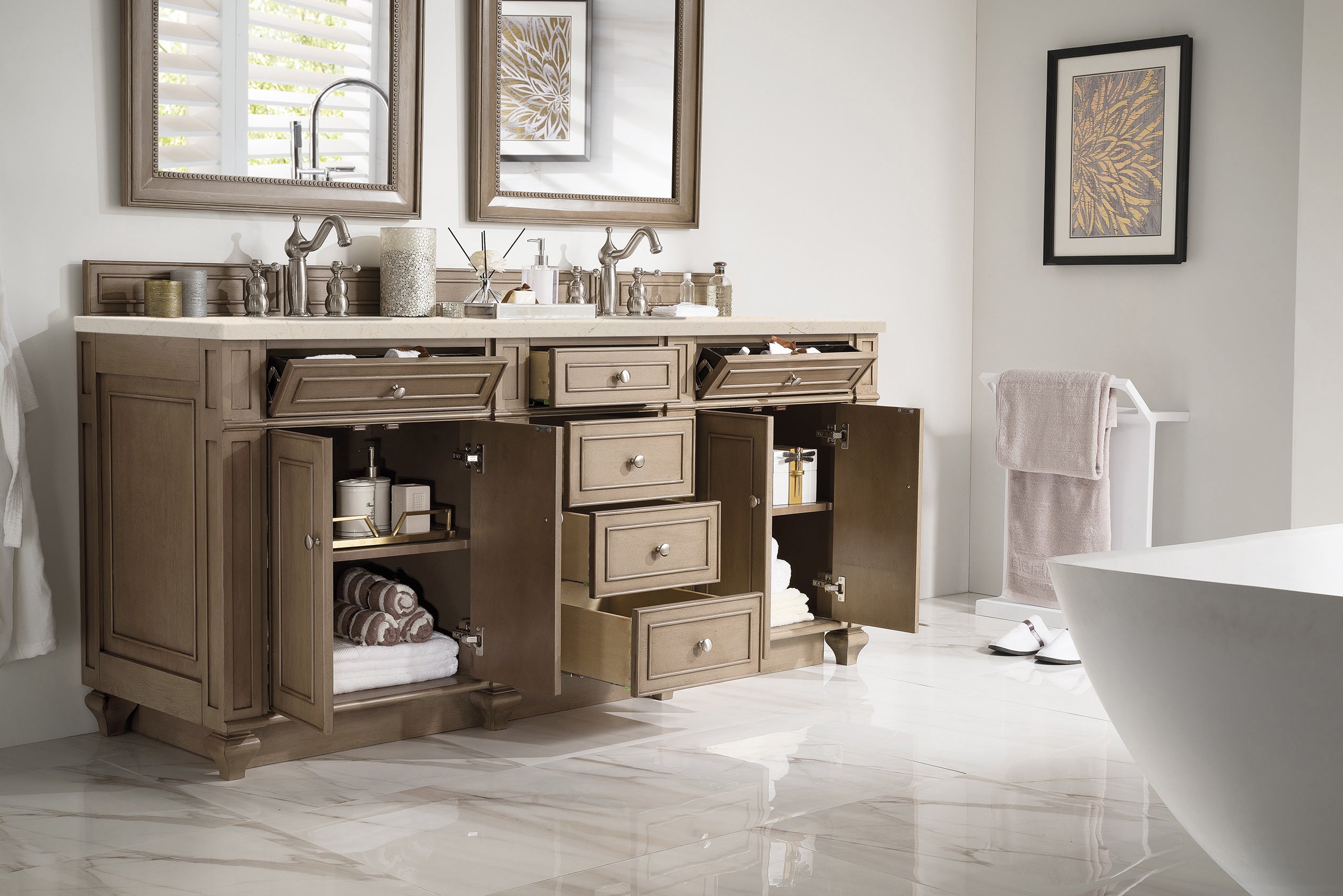 James Martin Bristol 72" Double Vanity in Whitewashed Walnut with 3cm Countertop
