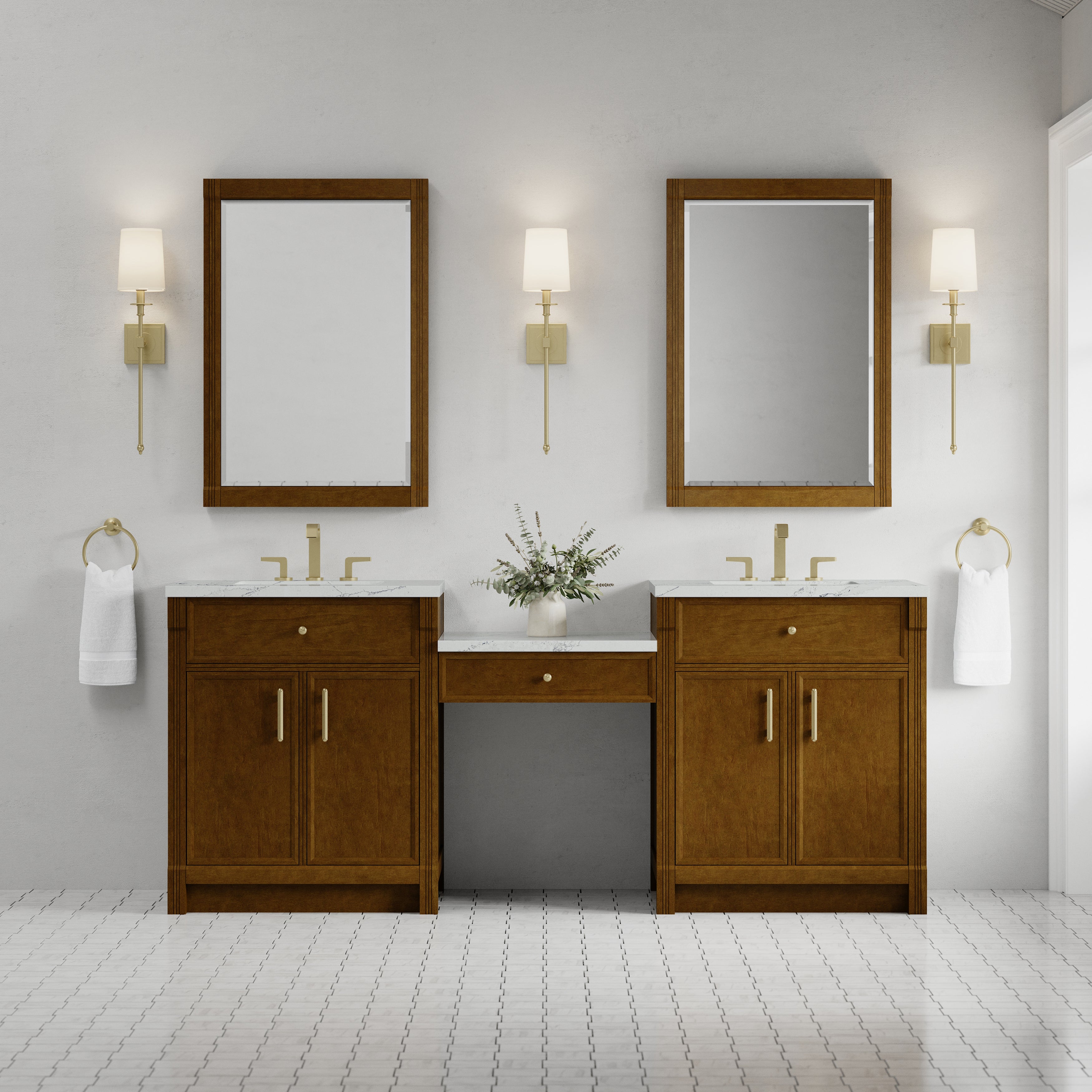 James Martin Bellshire 84" Dual Vanity Set with 24" Make-Up Counter in Honey Oak with 3cm Countertop