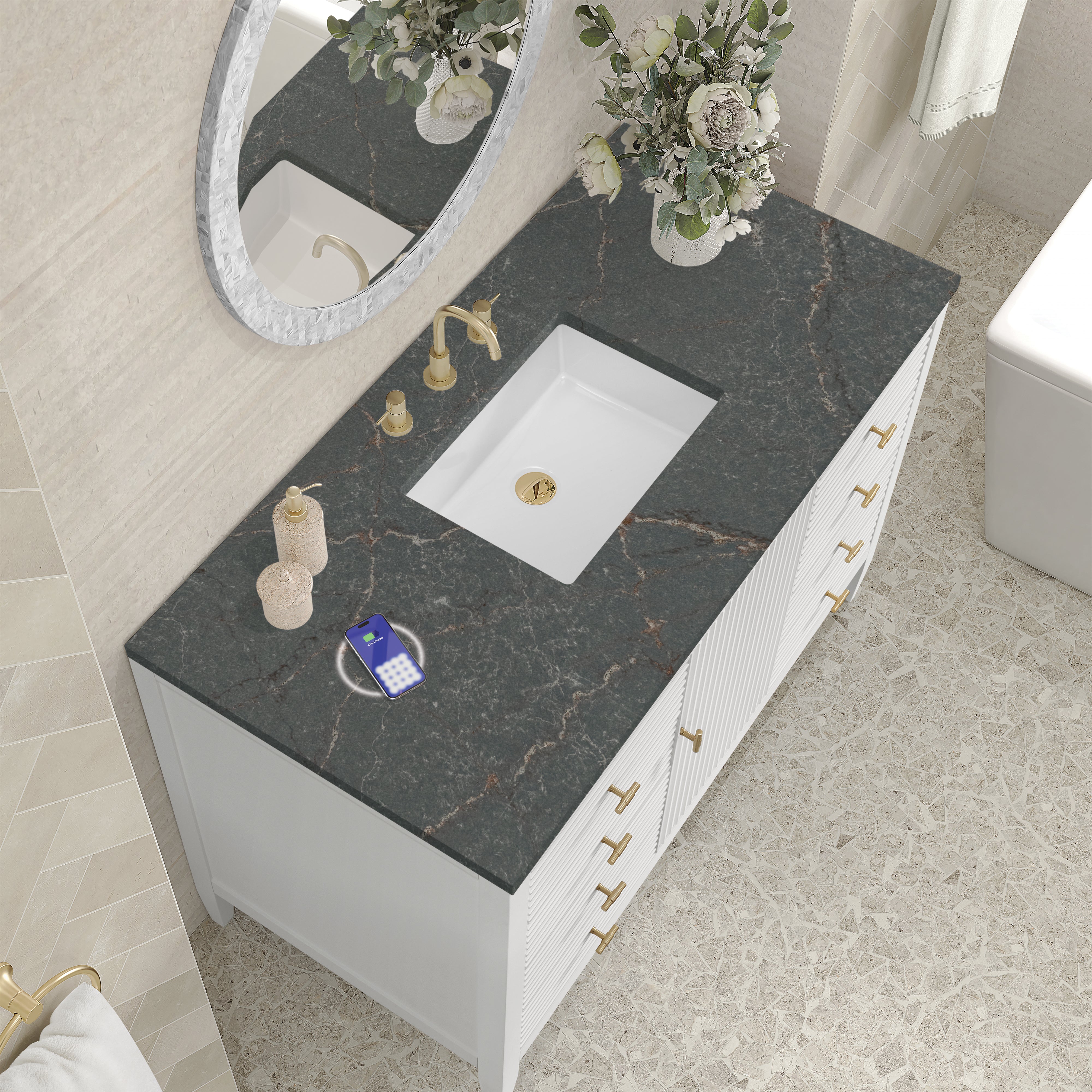 James Martin Myrrin 48" Single Vanity in Bright White with 3cm Countertop and FreePower Wireless Charger