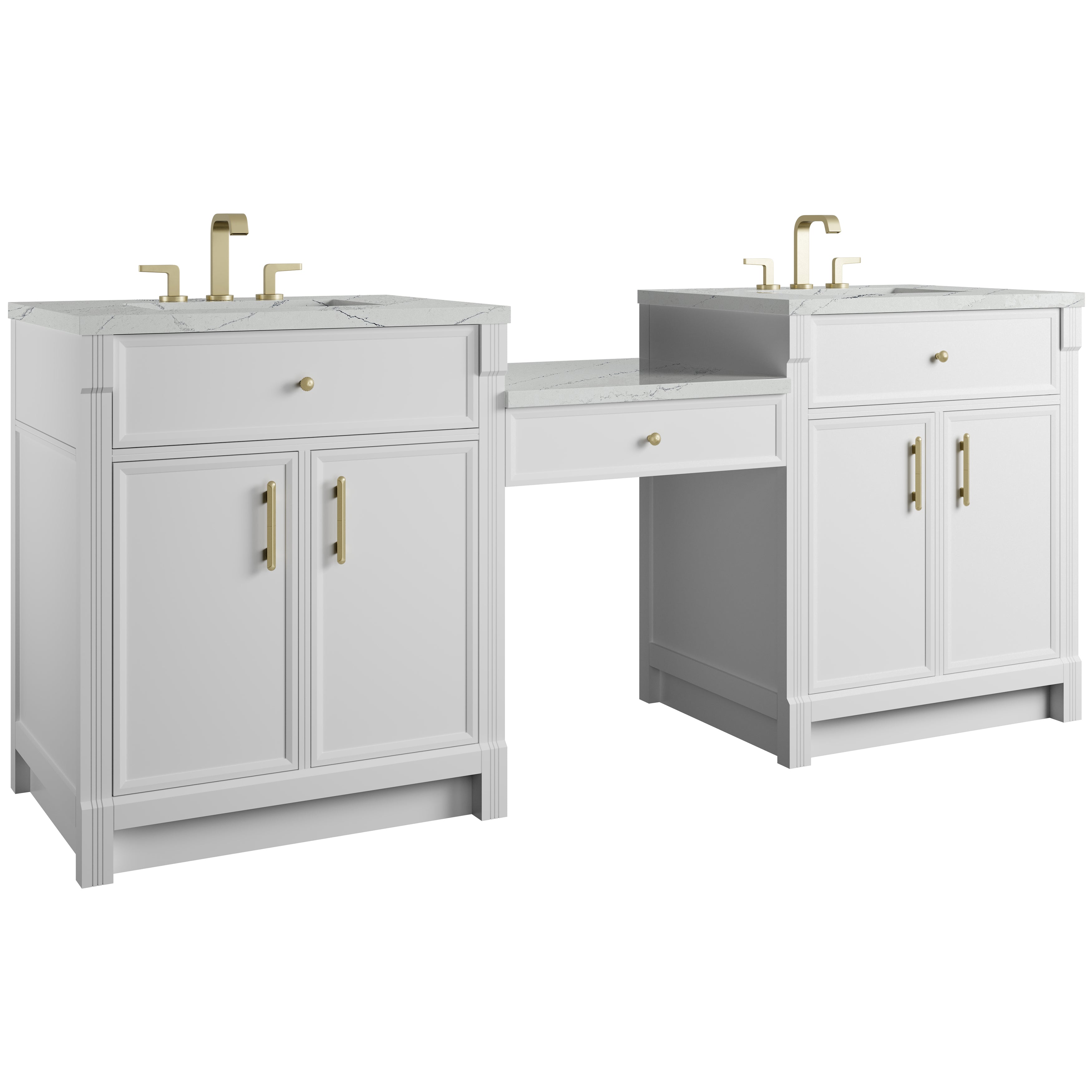 James Martin Bellshire 84" Dual Vanity Set with 24" Make-Up Counter in Bright White with 3cm Countertop