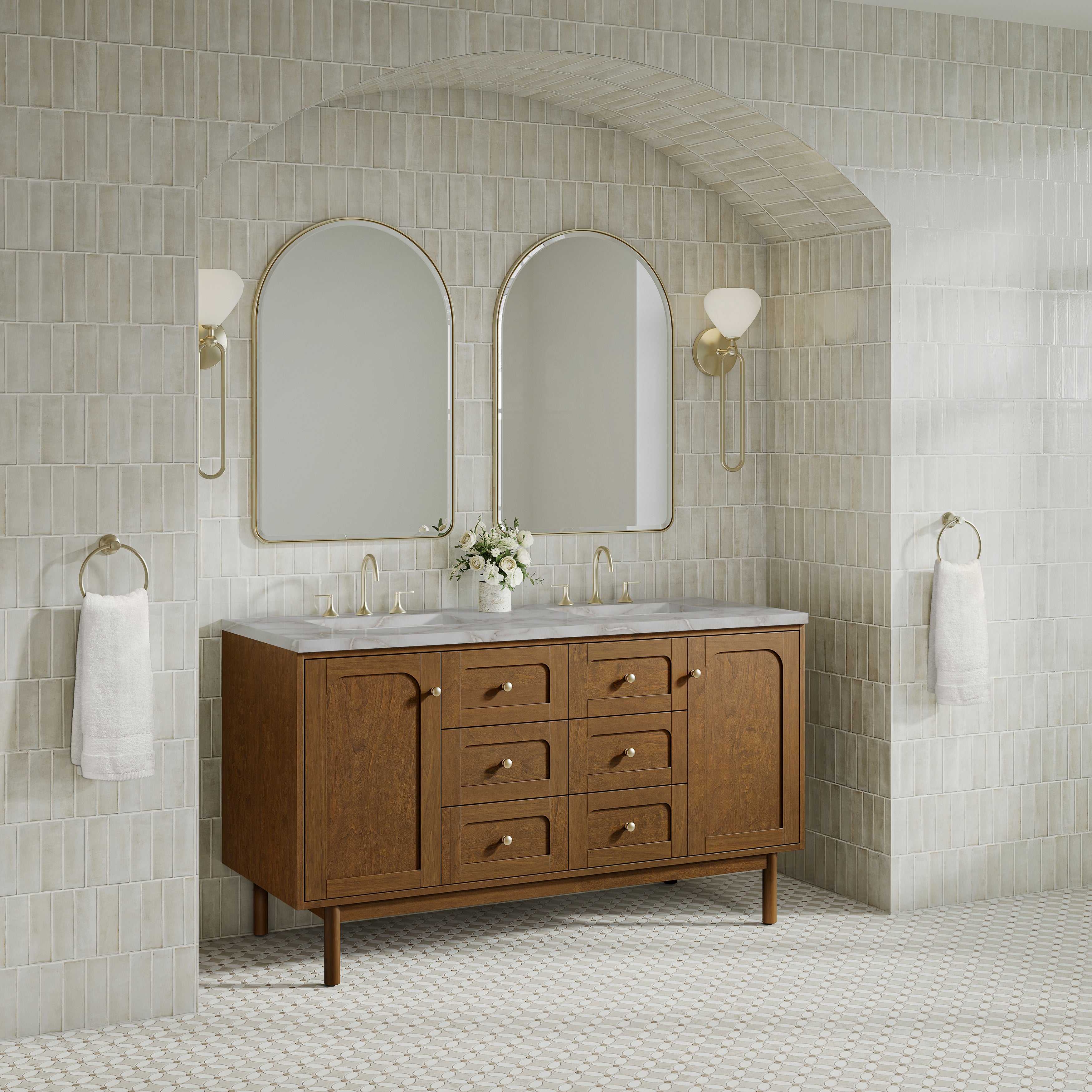 James Martin Laurent 60" Double Vanity in Honey Oak with 3cm Countertop and FreePower Wireless Charger