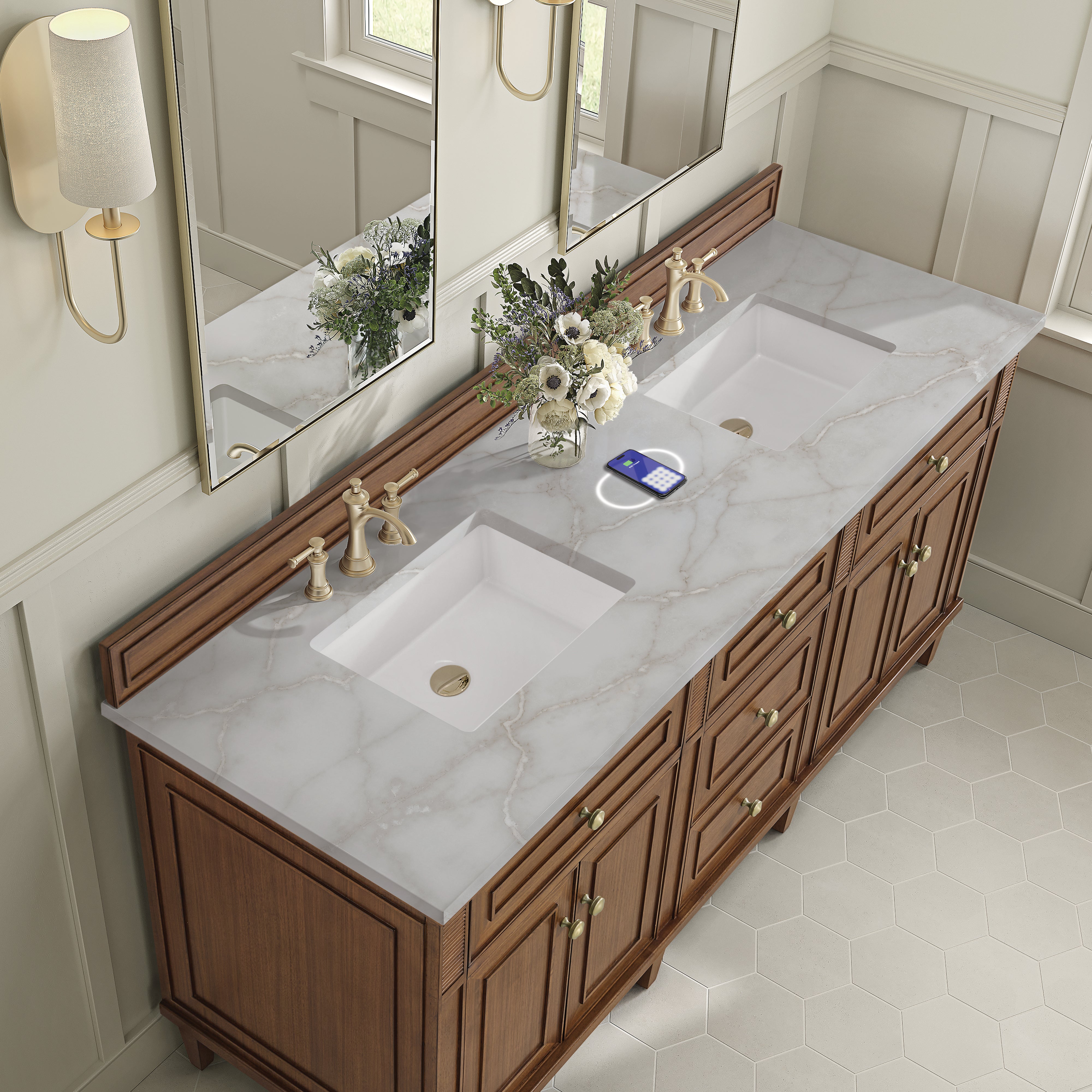 James Martin Lorelai 72"Double Vanity in Mid-Century Walnut with 3cm Countertop and FreePower Wireless Charger