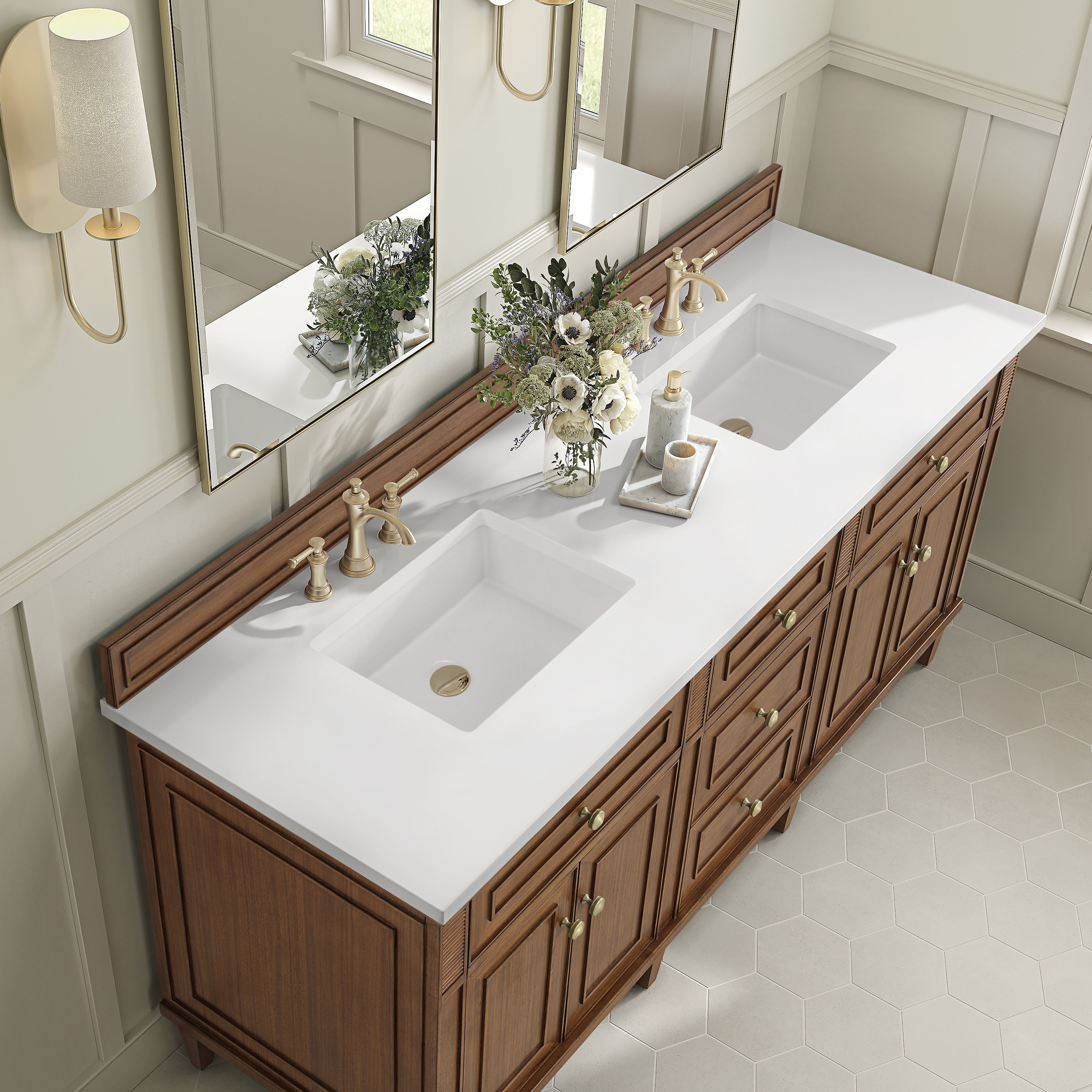James Martin Lorelai 72"Double Vanity in Mid-Century Walnut with 3cm Countertop