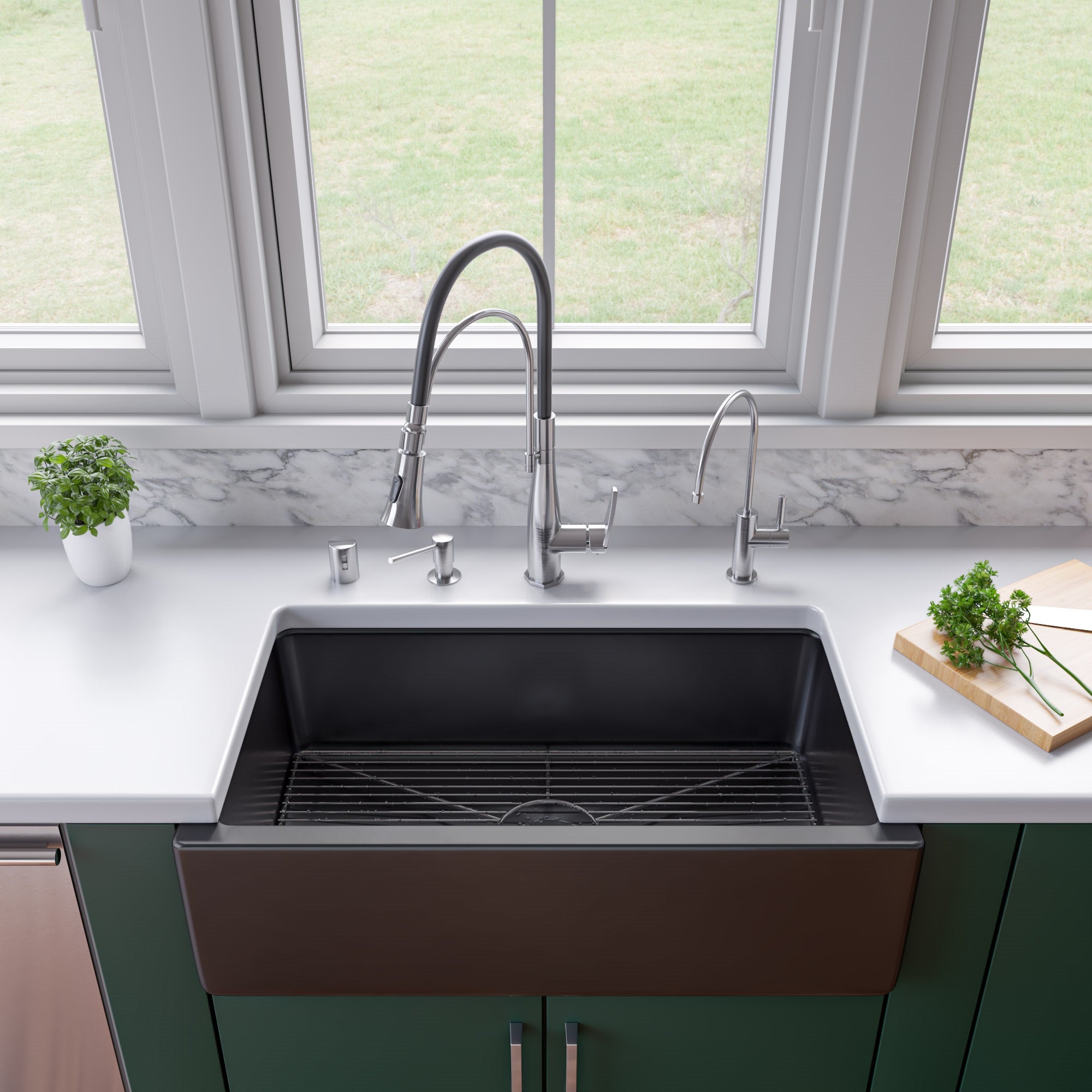 ALFI brand AB3318HS 33" x 18" Reversible Fluted / Smooth Fireclay Farm Sink