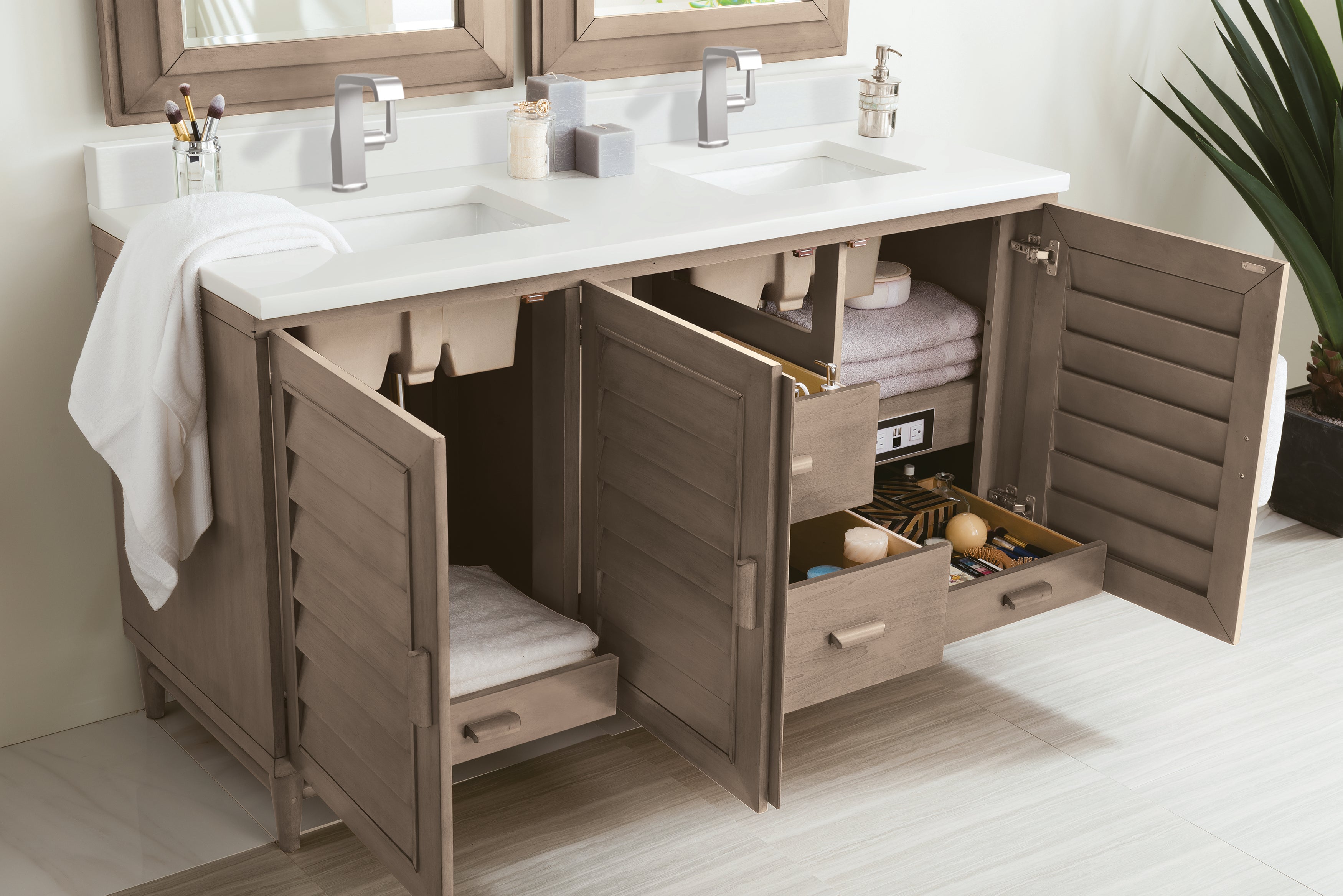James Martin Portland 60" Double Vanity in Whitewashed Walnut with 3cm Countertop