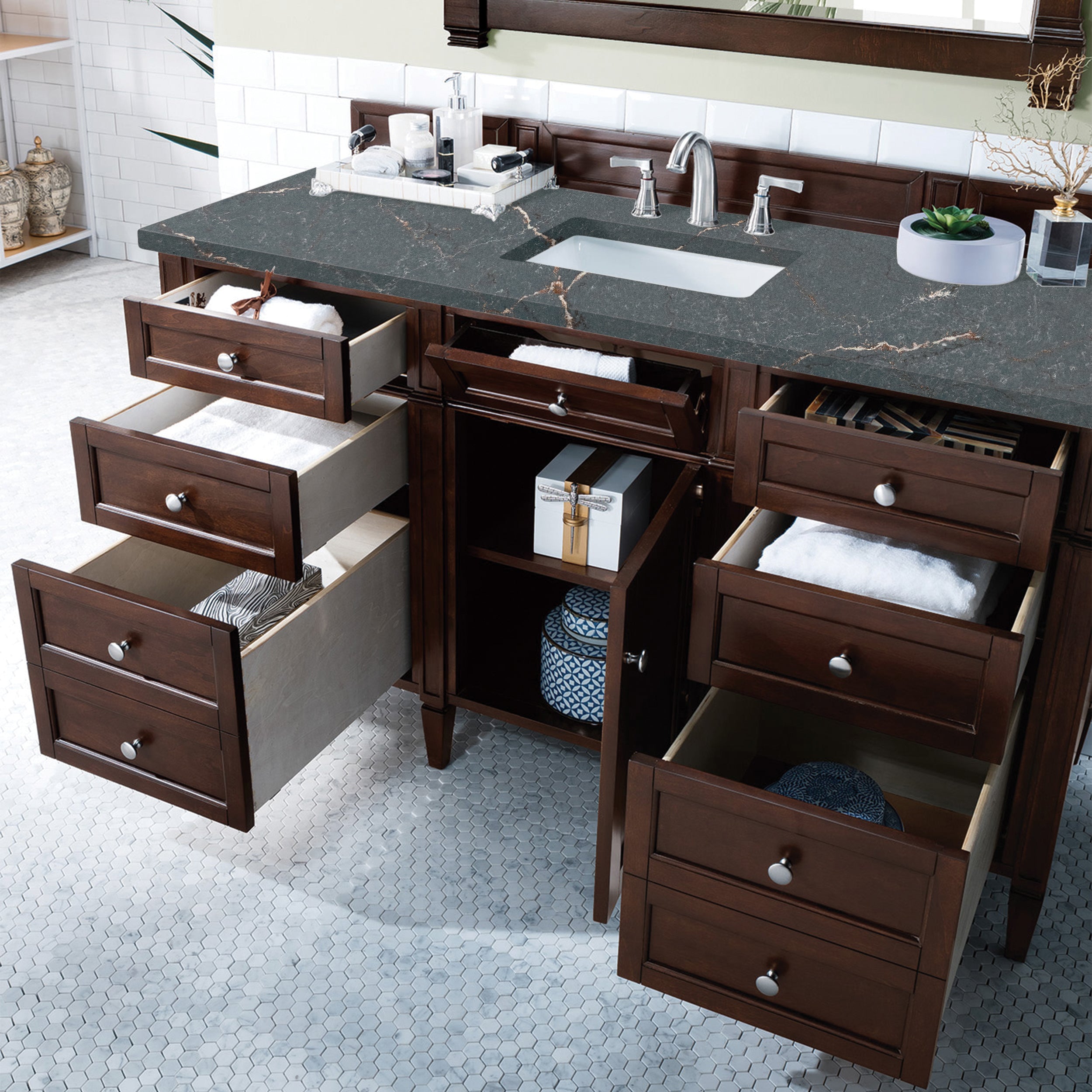 James Martin Brittany 60" Single Vanity in Burnished Mahogany with 3cm Countertop and FreePower Wireless Charger
