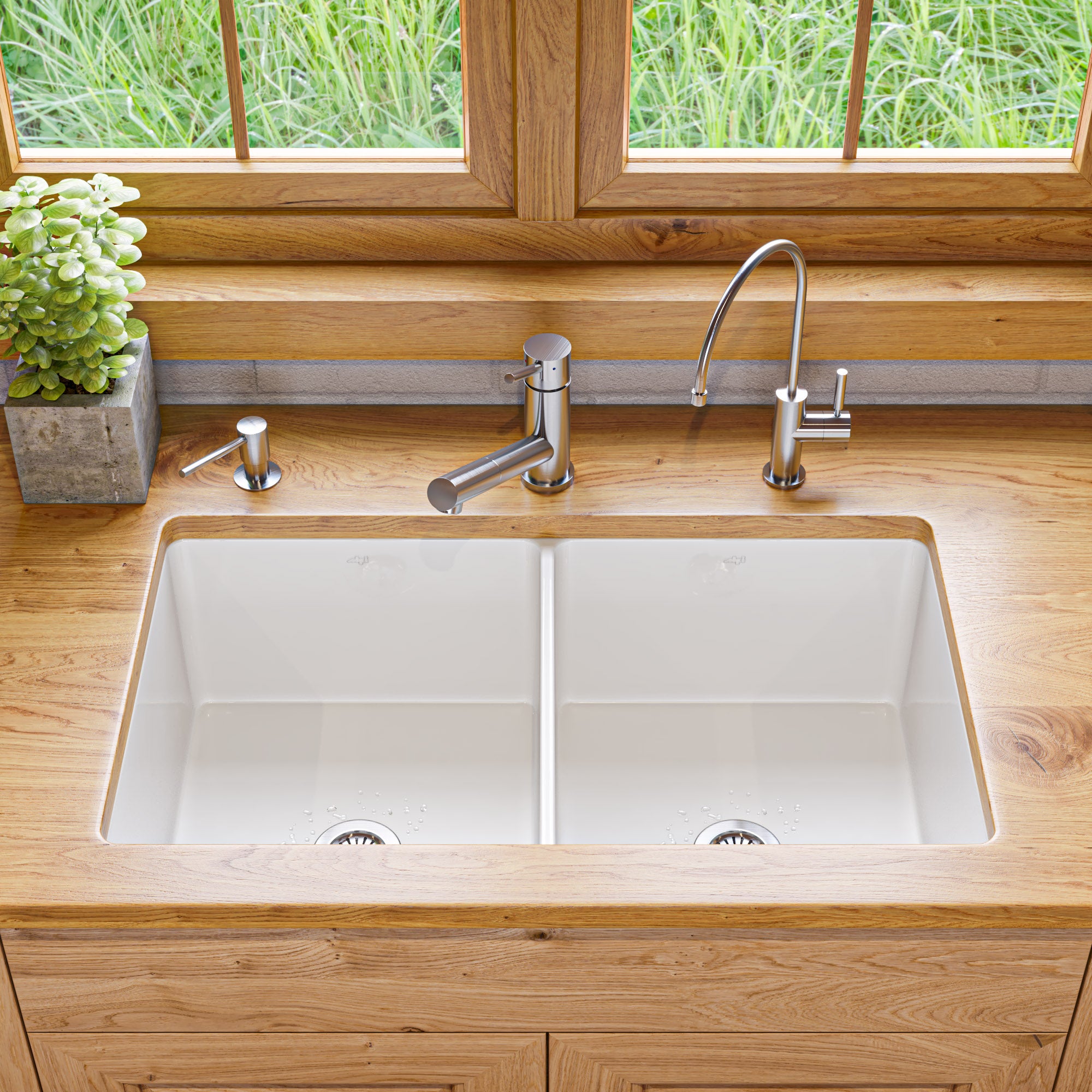 ALFI brand ABF3219DUD ABF3219DUD-W White 32" x 19" Double Bowl Fireclay Undermount / Drop In Kitchen Sink w Grid