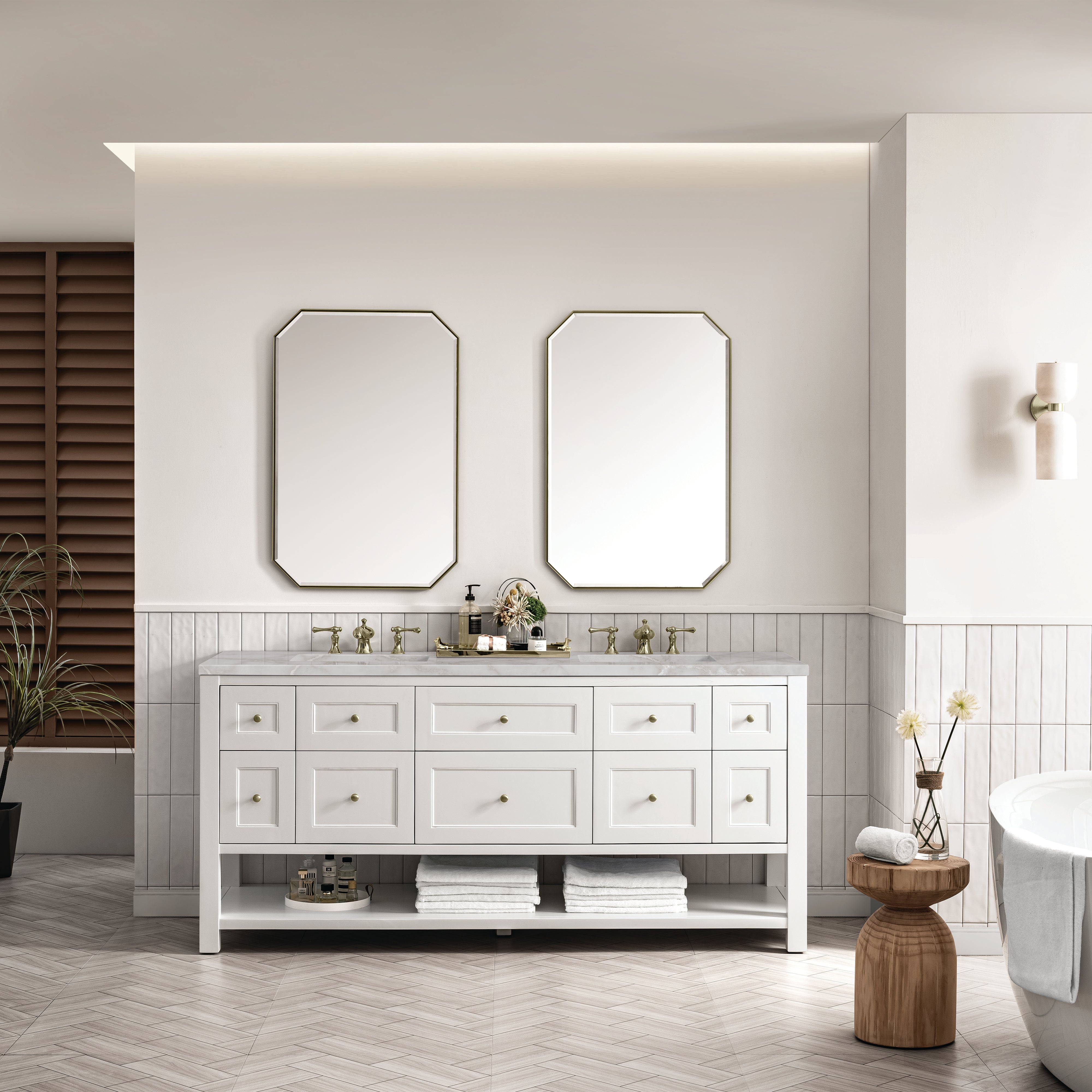 James Martin Breckenridge 72" Double Vanity in Bright White with 3cm Countertop and FreePower Wireless Charger