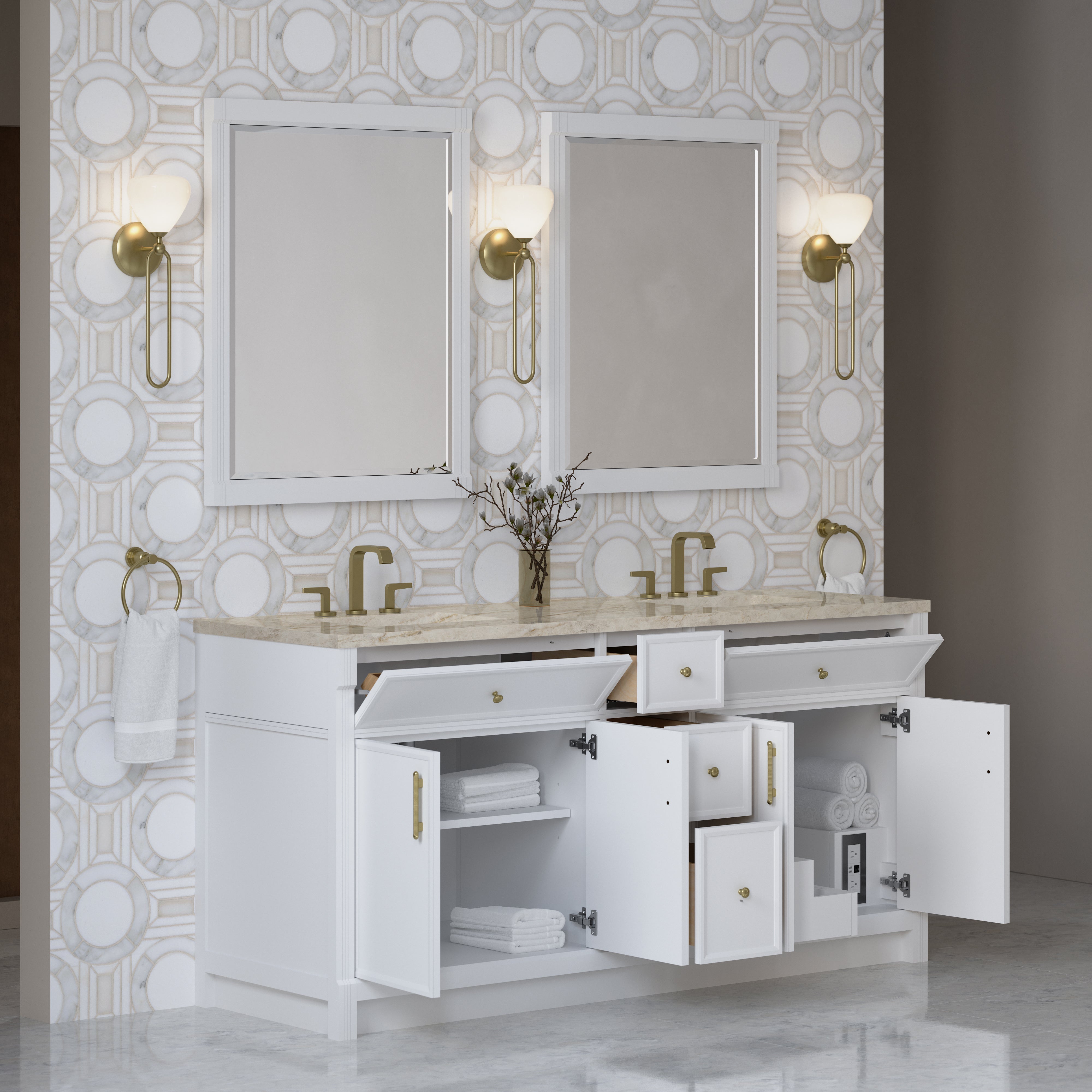 James Martin Bellshire 72" Double Vanity in Bright White with 3cm Countertop and FreePower Wireless Charger