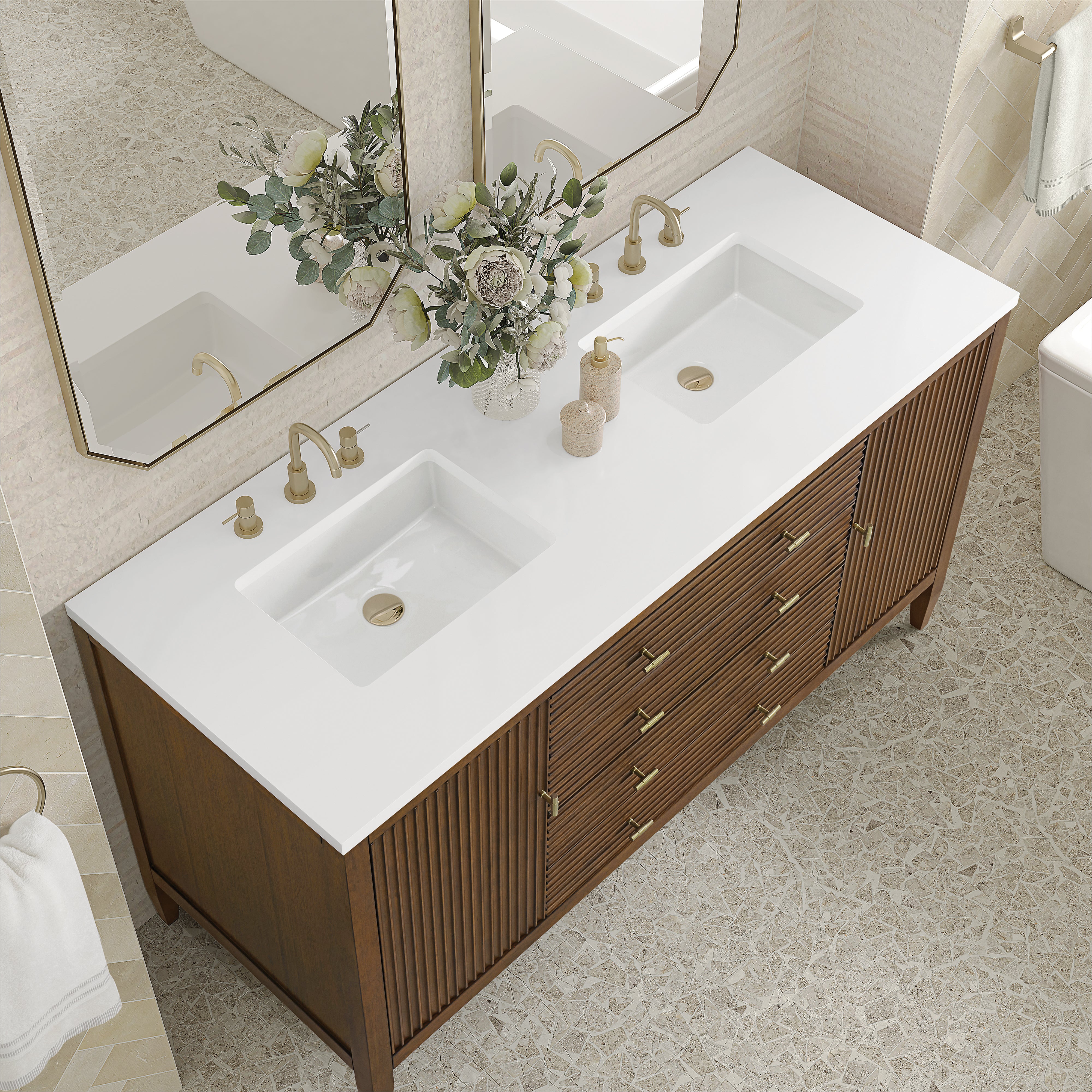 James Martin Myrrin 60" Double Vanity in Mid Century Walnut with 3cm Countertop