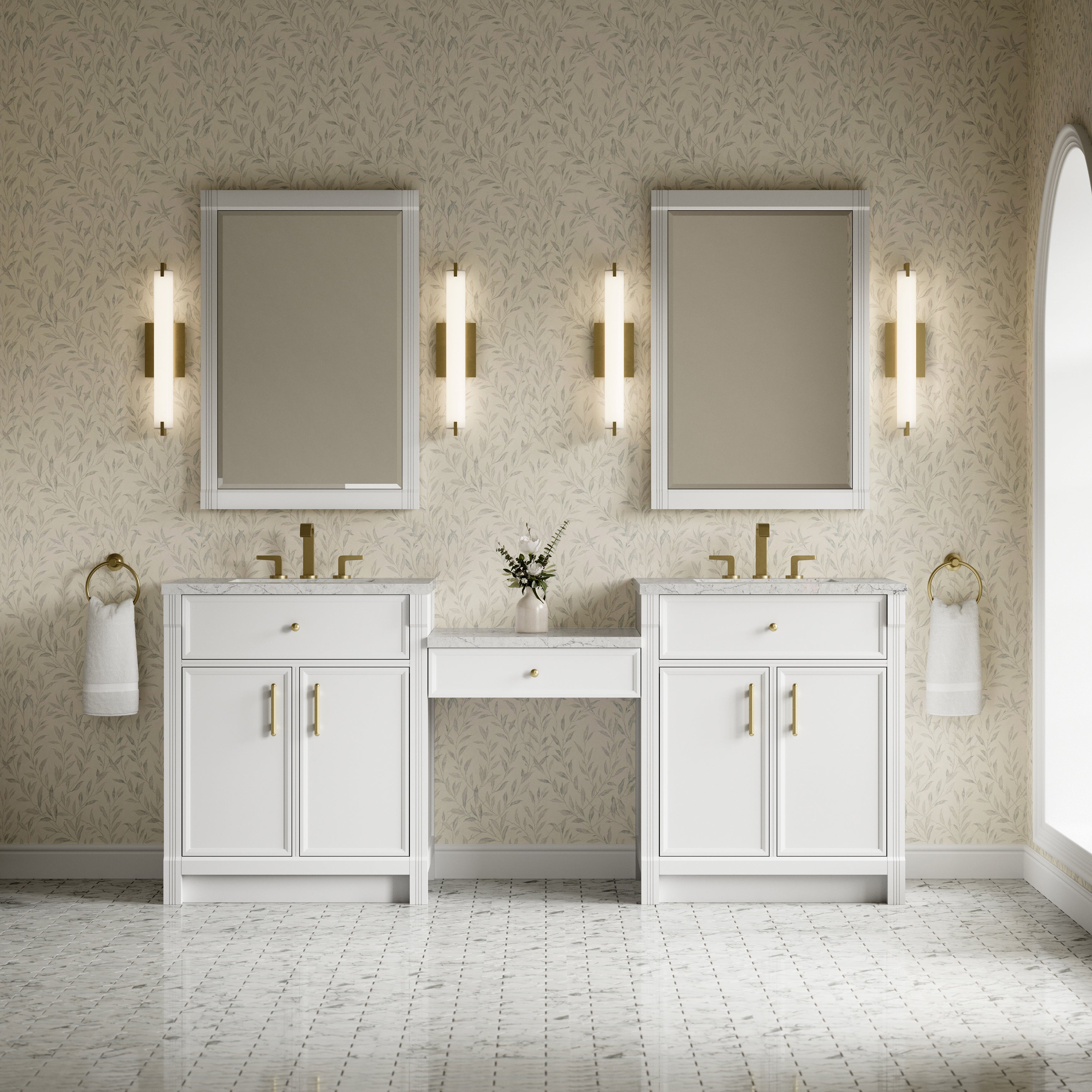 James Martin Bellshire 84" Dual Vanity Set with 24" Make-Up Counter in Bright White with 3cm Countertop