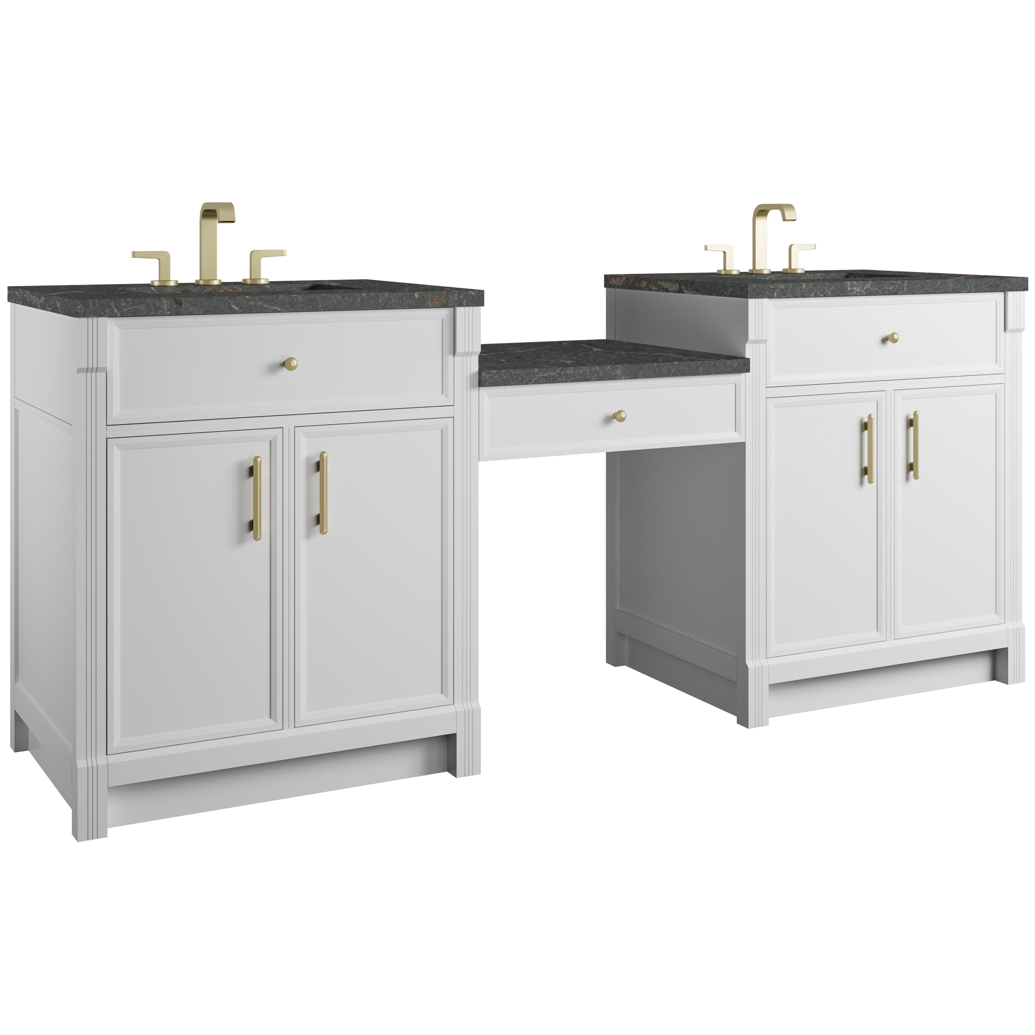 James Martin Bellshire 84" Dual Vanity Set with 24" Make-Up Counter in Bright White with 3cm Countertop