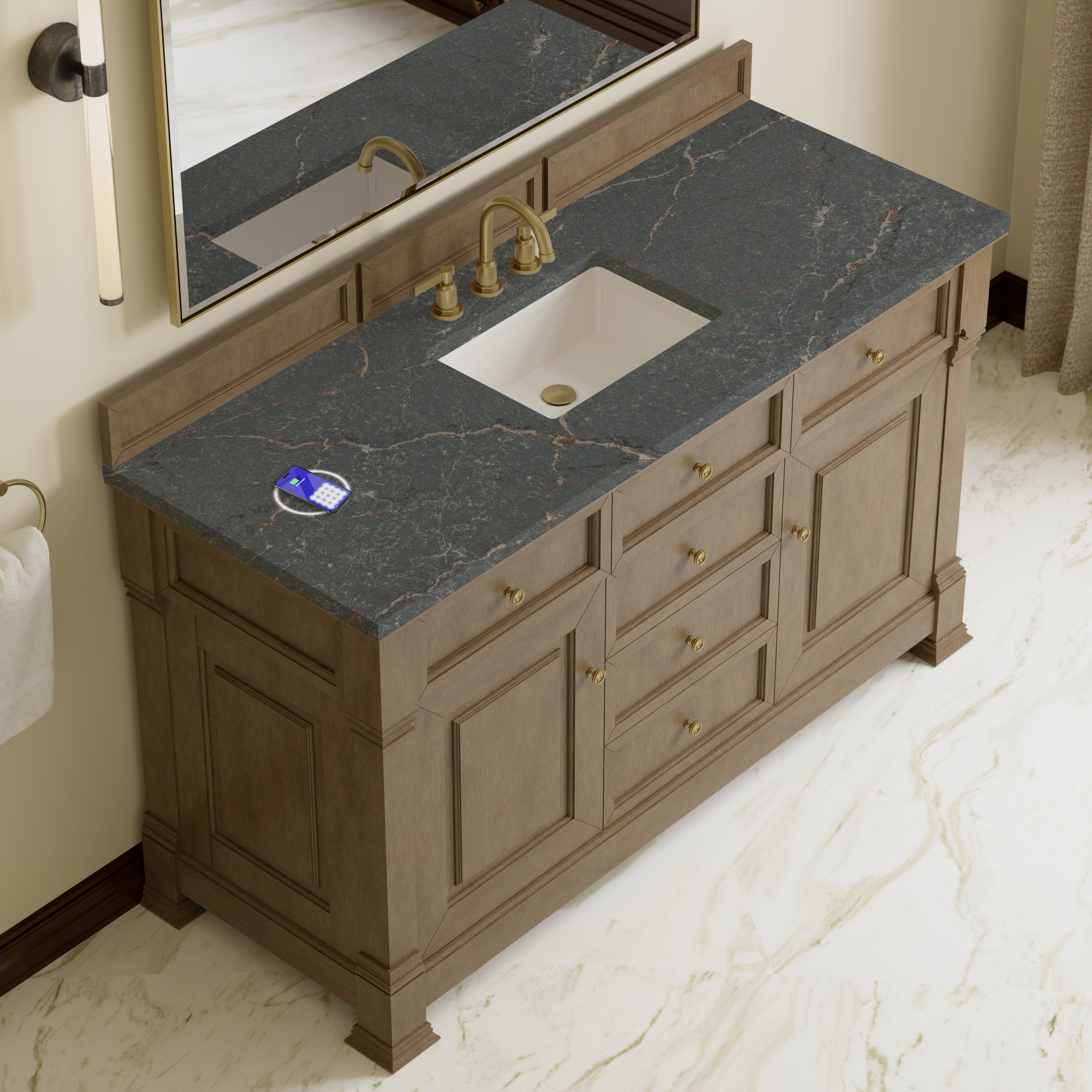 James Martin Brookfield 60" Single Vanity in Pecan with 3cm Countertop and FreePower Wireless Charger