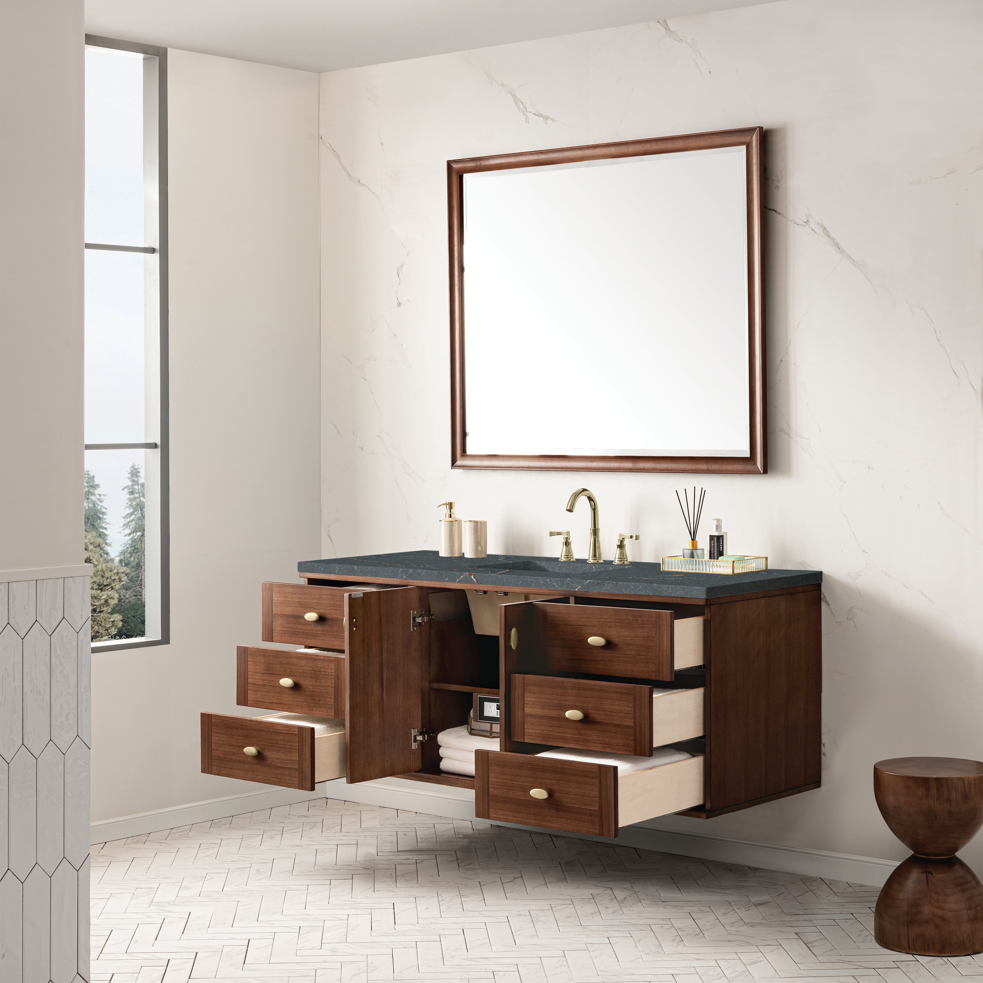 James Martin Amberly 60" Single Vanity in Mid-Century Walnut with 3cm Countertop