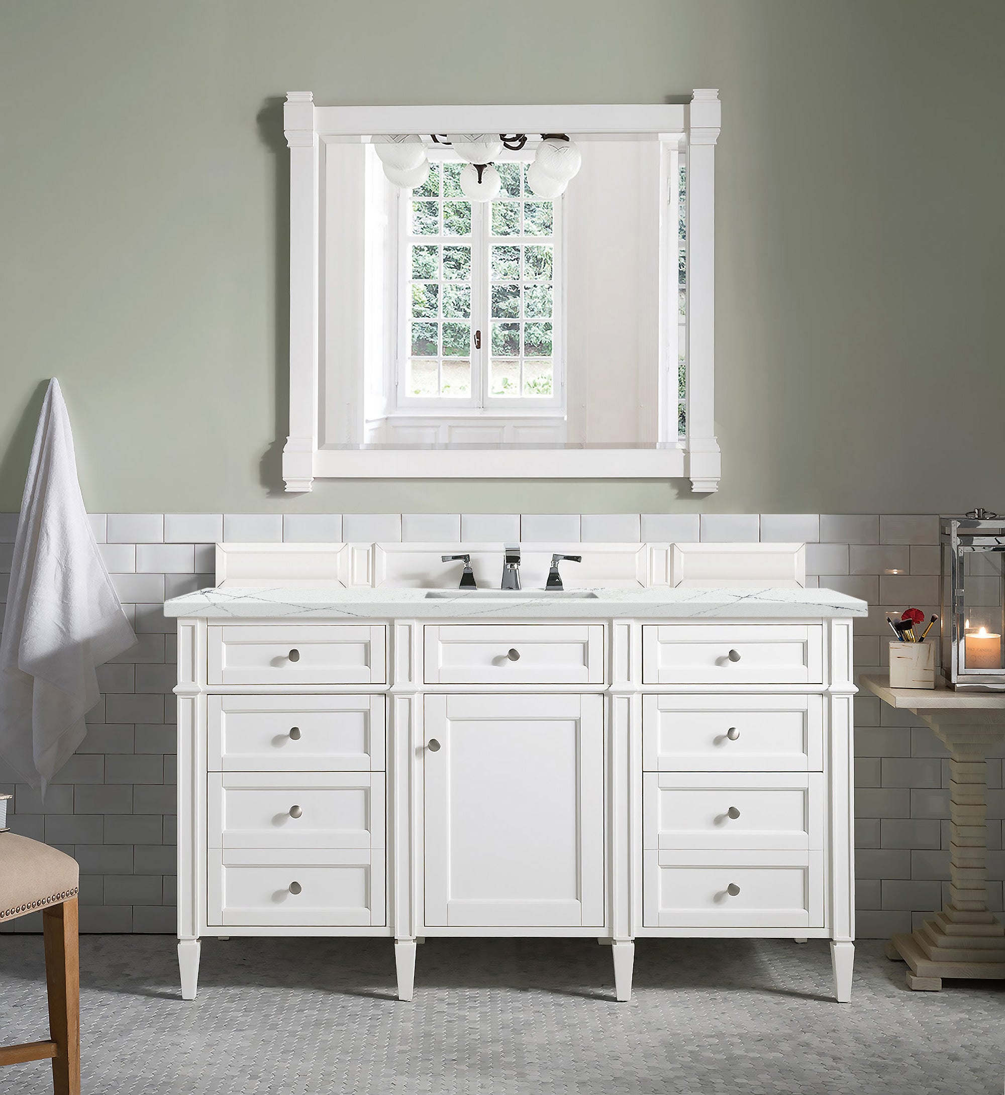 James Martin Brittany 60" Single Vanity in Bright White with 3cm Countertop and FreePower Wireless Charger