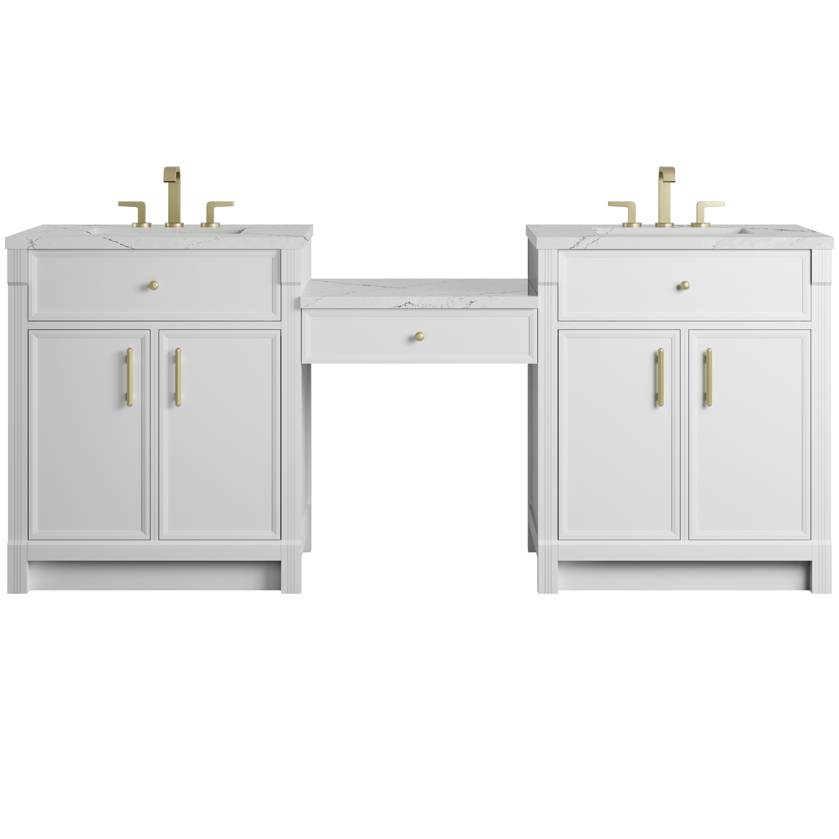 James Martin Bellshire 84" Dual Vanity Set with 24" Make-Up Counter in Bright White with 3cm Countertop