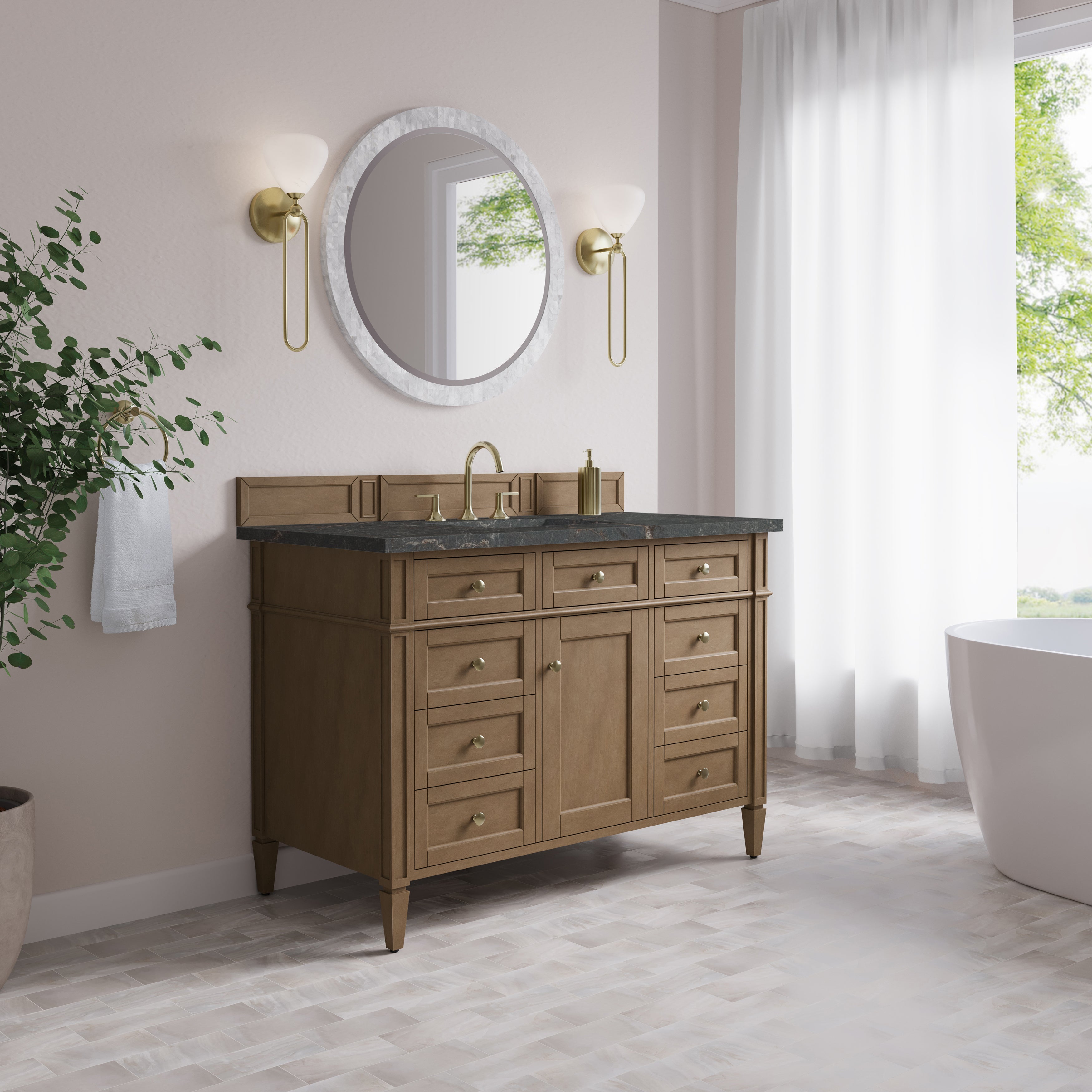 James Martin Brittany 48" Single Vanity in Pecan with 3cm Countertop and FreePower Wireless Charger