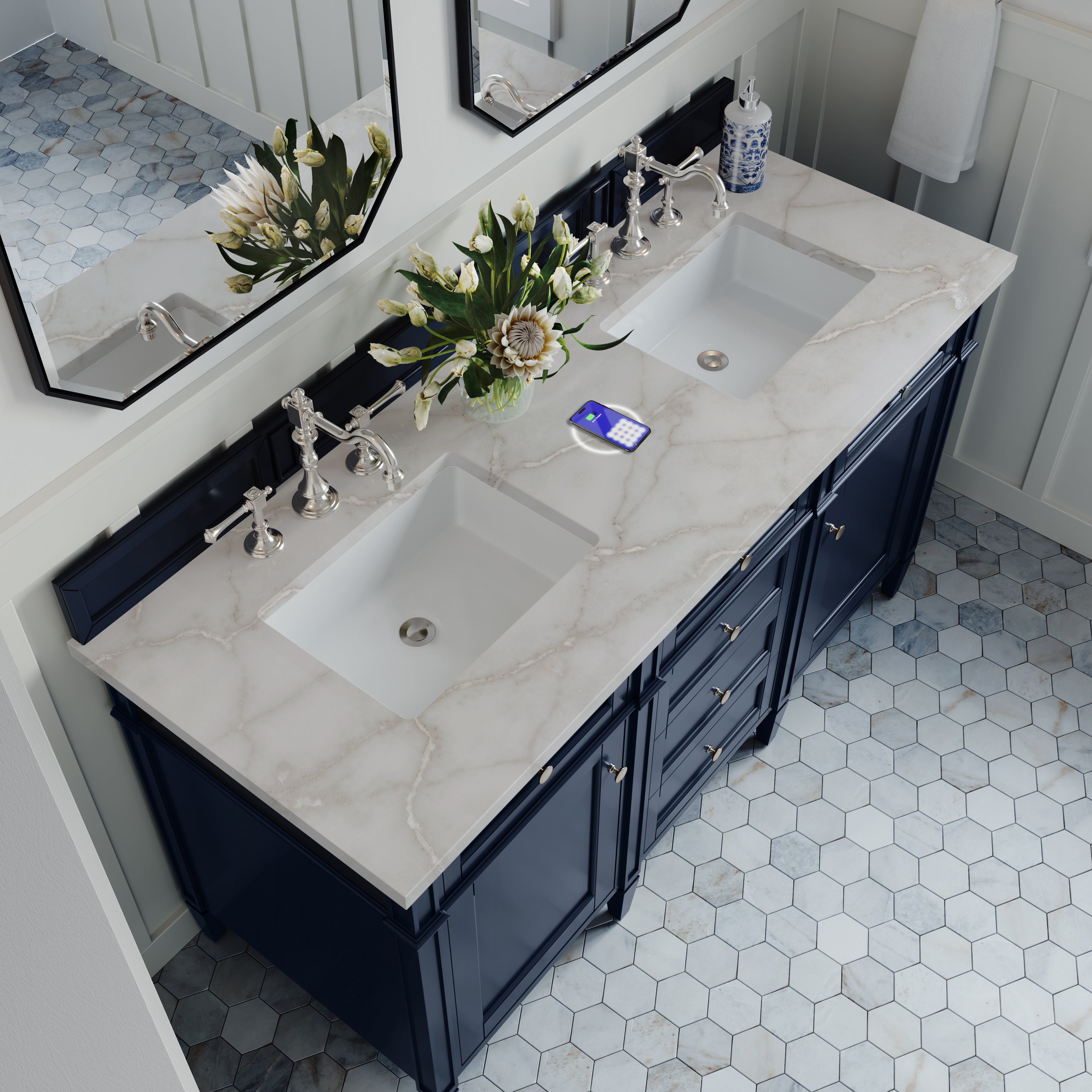 James Martin Brittany 60" Double Vanity in Victory Bleu with 3cm Countertop and FreePower Wireless Charger