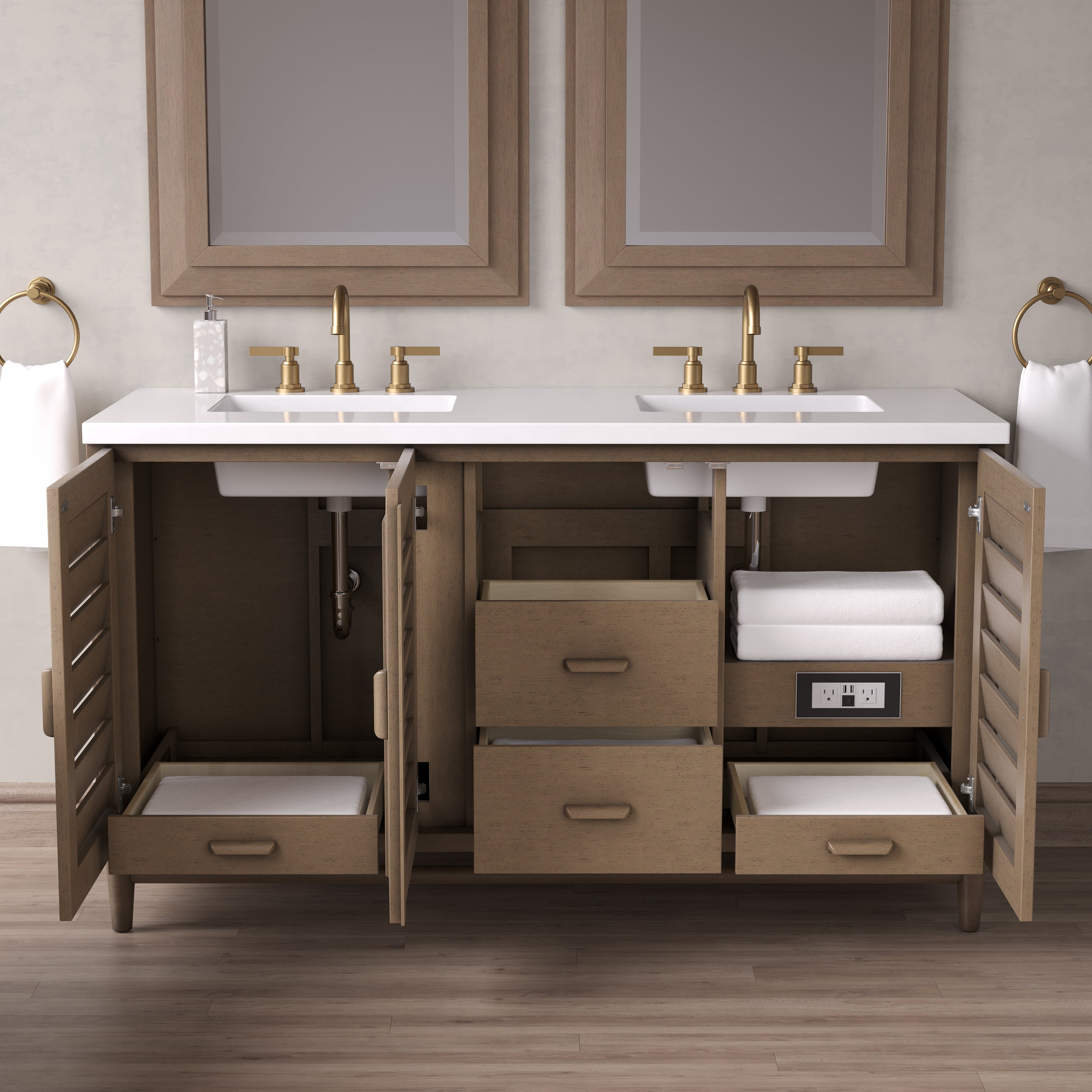 James Martin Portland 60" Double Vanity in Whitewashed Walnut with 3cm Countertop