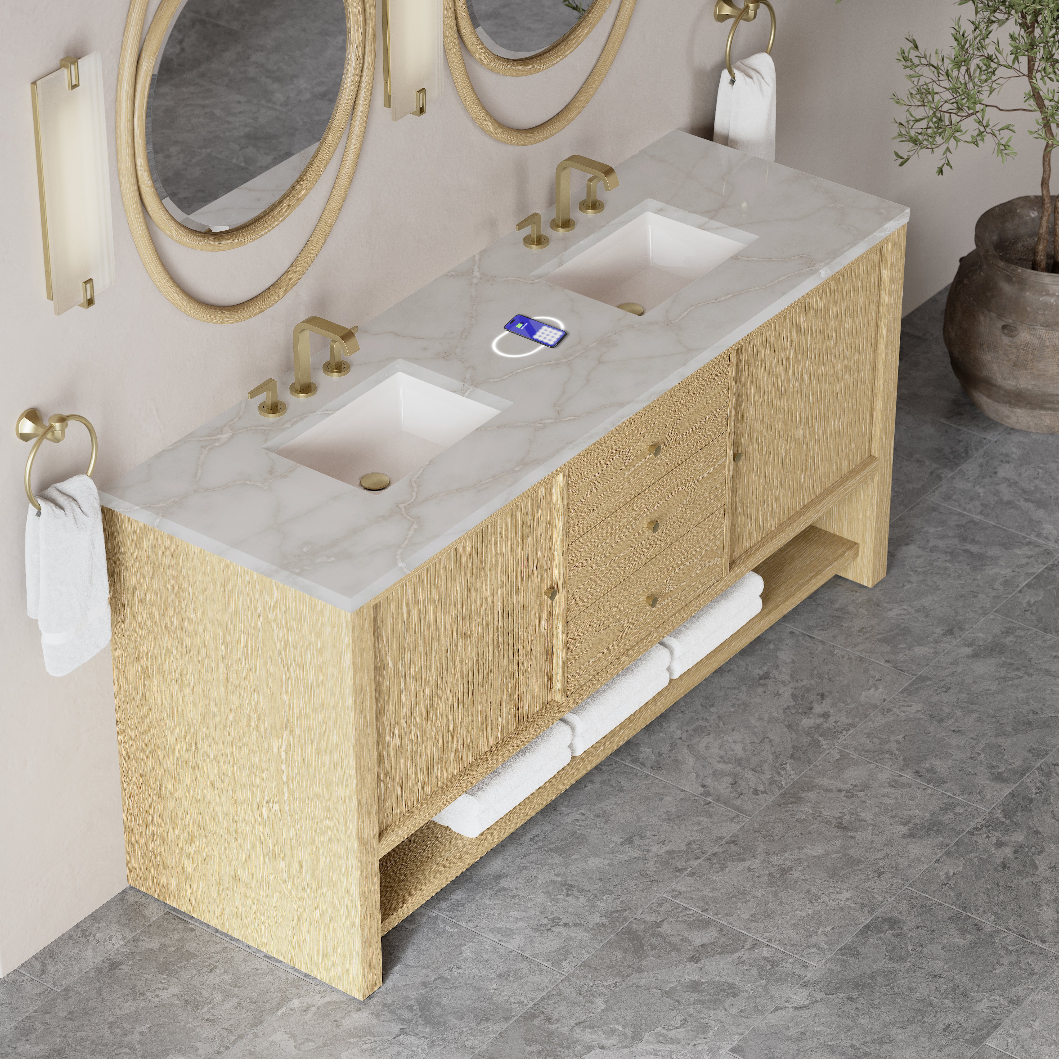 James Martin Marigot 72" Double Vanity in Sunwashed Oak with 3cm Countertop and FreePower Wireless Charger