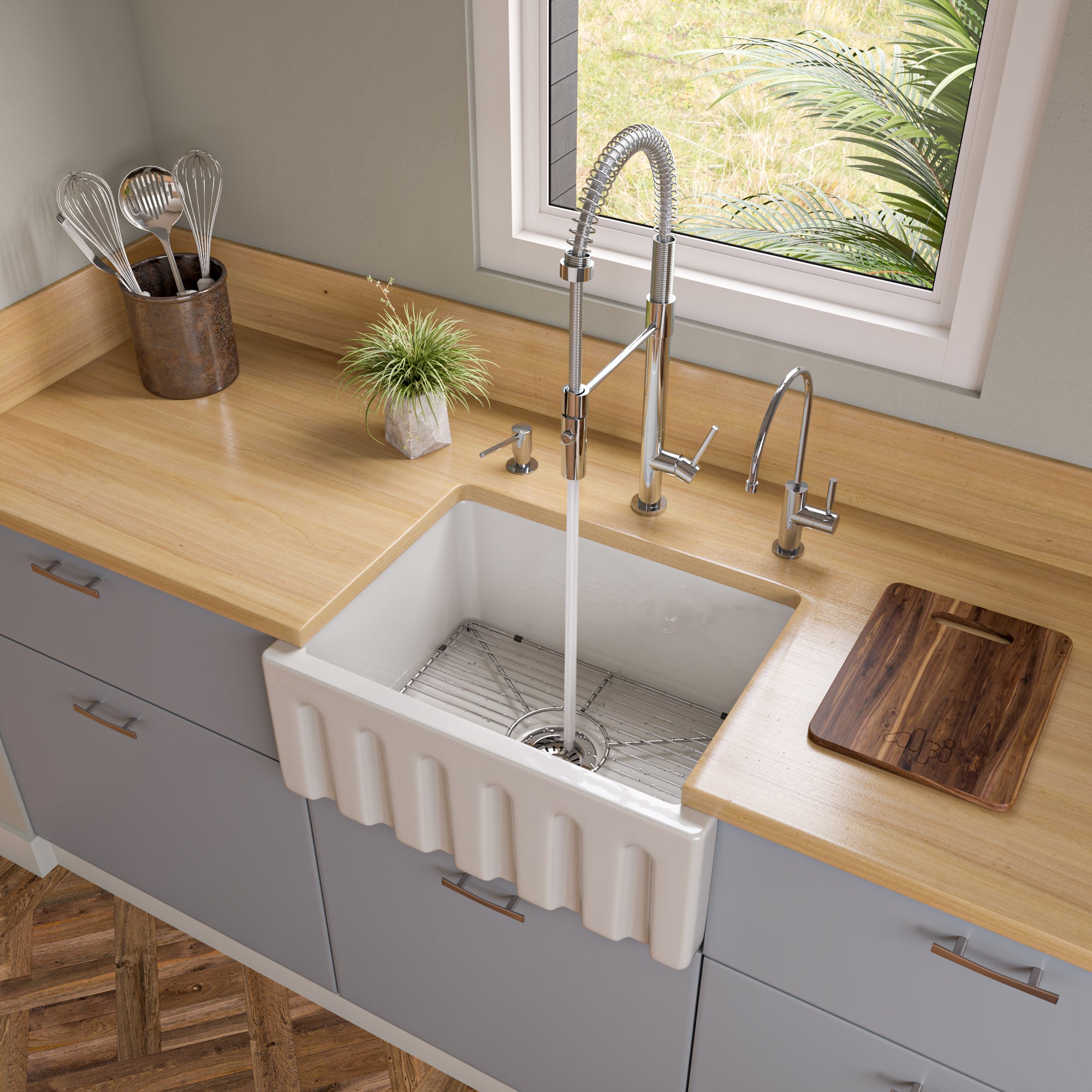 ALFI brand AB2418HS 24" Reversible Smooth / Fluted Single Bowl Fireclay Farm Sink – Biscuit, Black Gloss, Black Matte, White