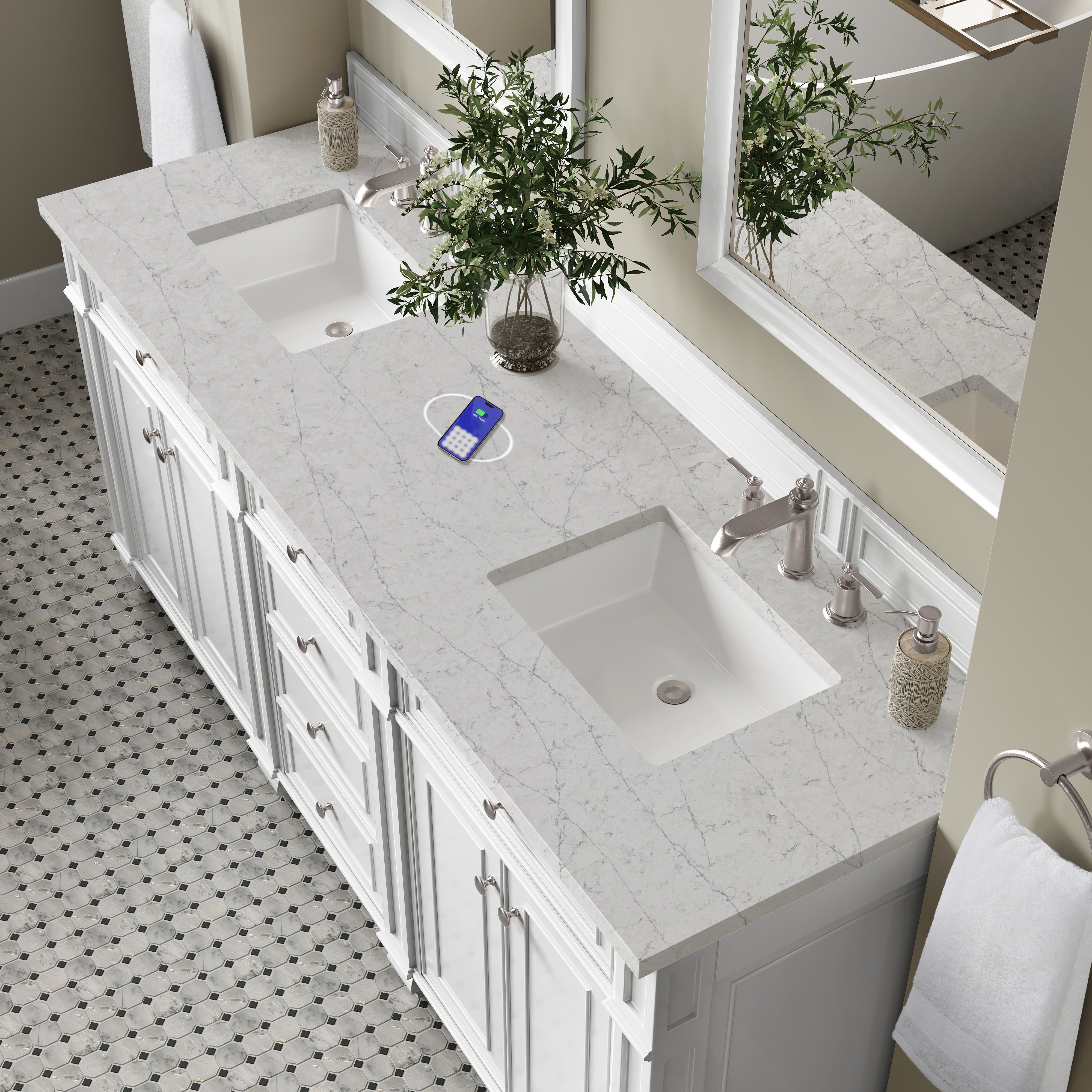 James Martin Bristol 72" Double Vanity in Bright White with 3cm Countertop and FreePower Wireless Charger