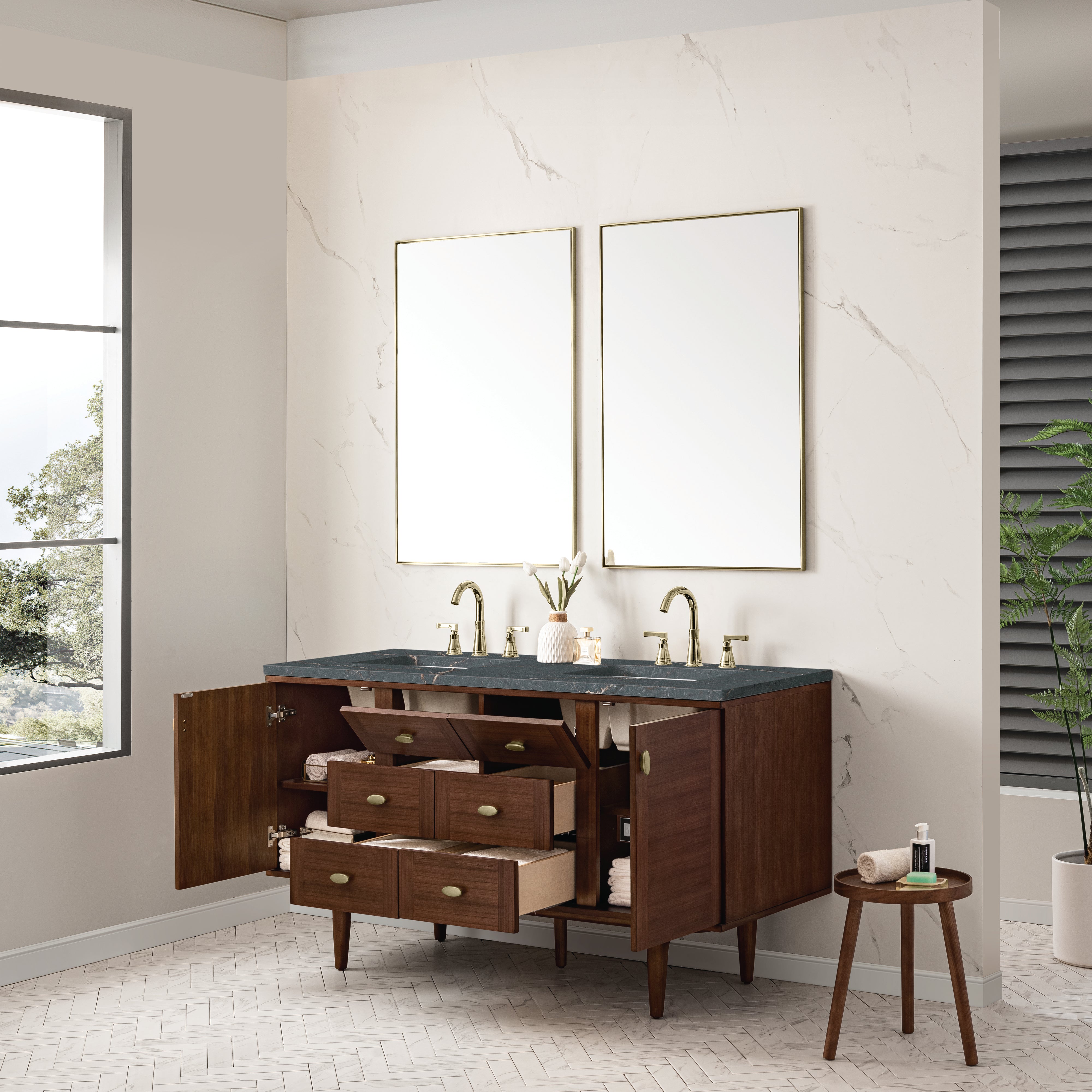 James Martin Amberly 60" Double Vanity in Mid-Century Walnut with 3cm Countertop and FreePower Wireless Charger