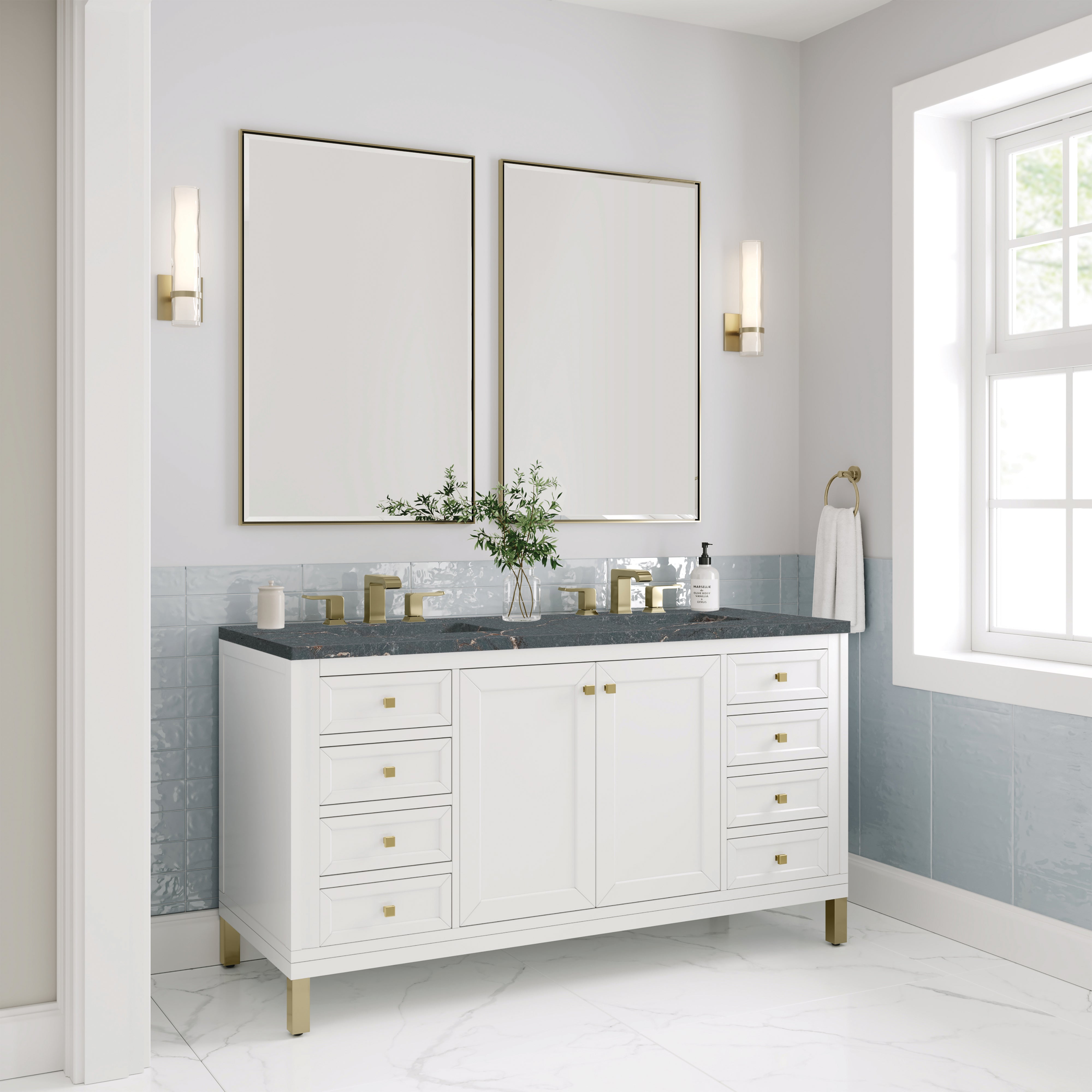 James Martin Chicago 60" Double Vanity in Glossy White with 3cm Countertop and FreePower Wireless Charger