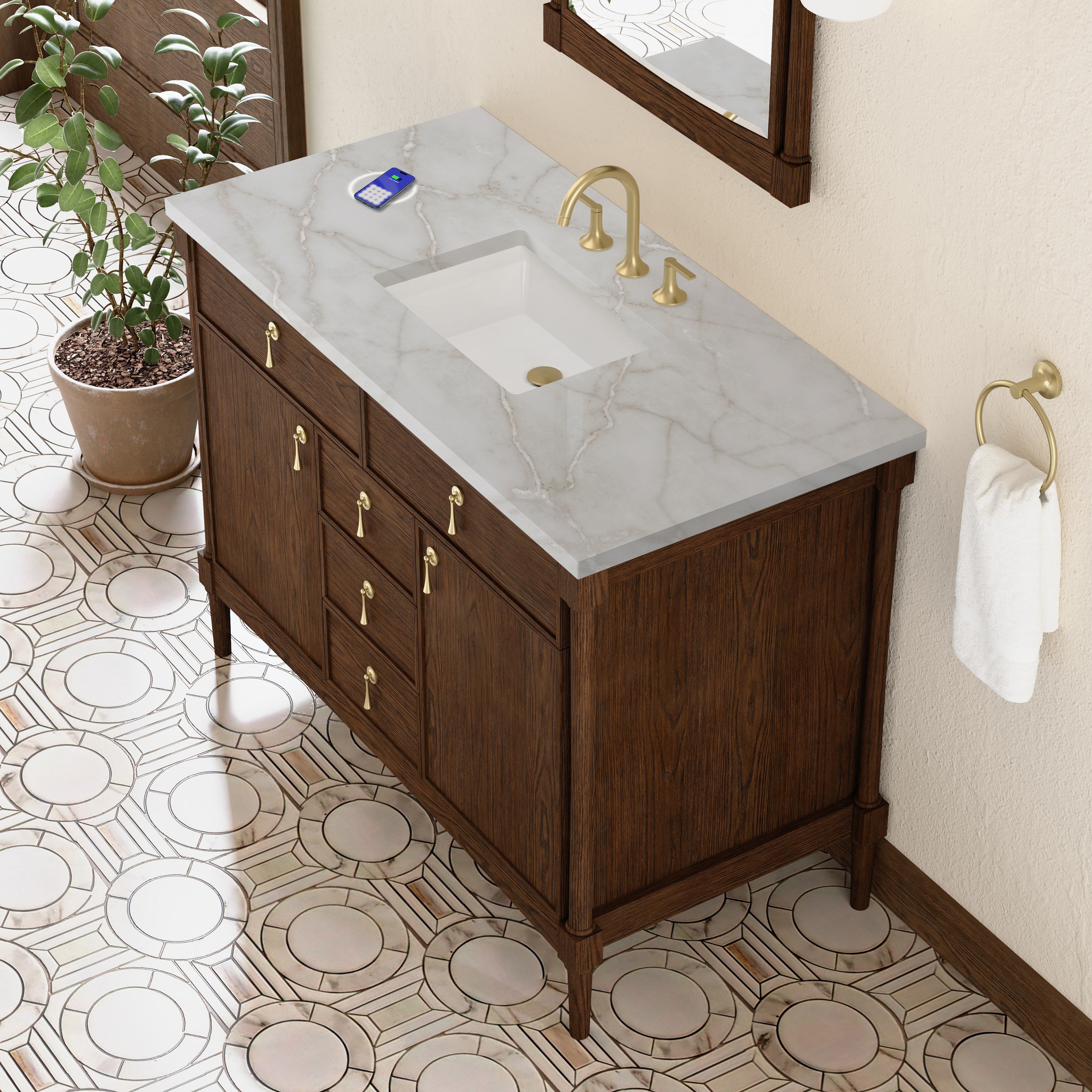 James Martin Kinnsden 48" Single Vanity in Sable Oak with 3cm Countertop and FreePower Wireless Charger