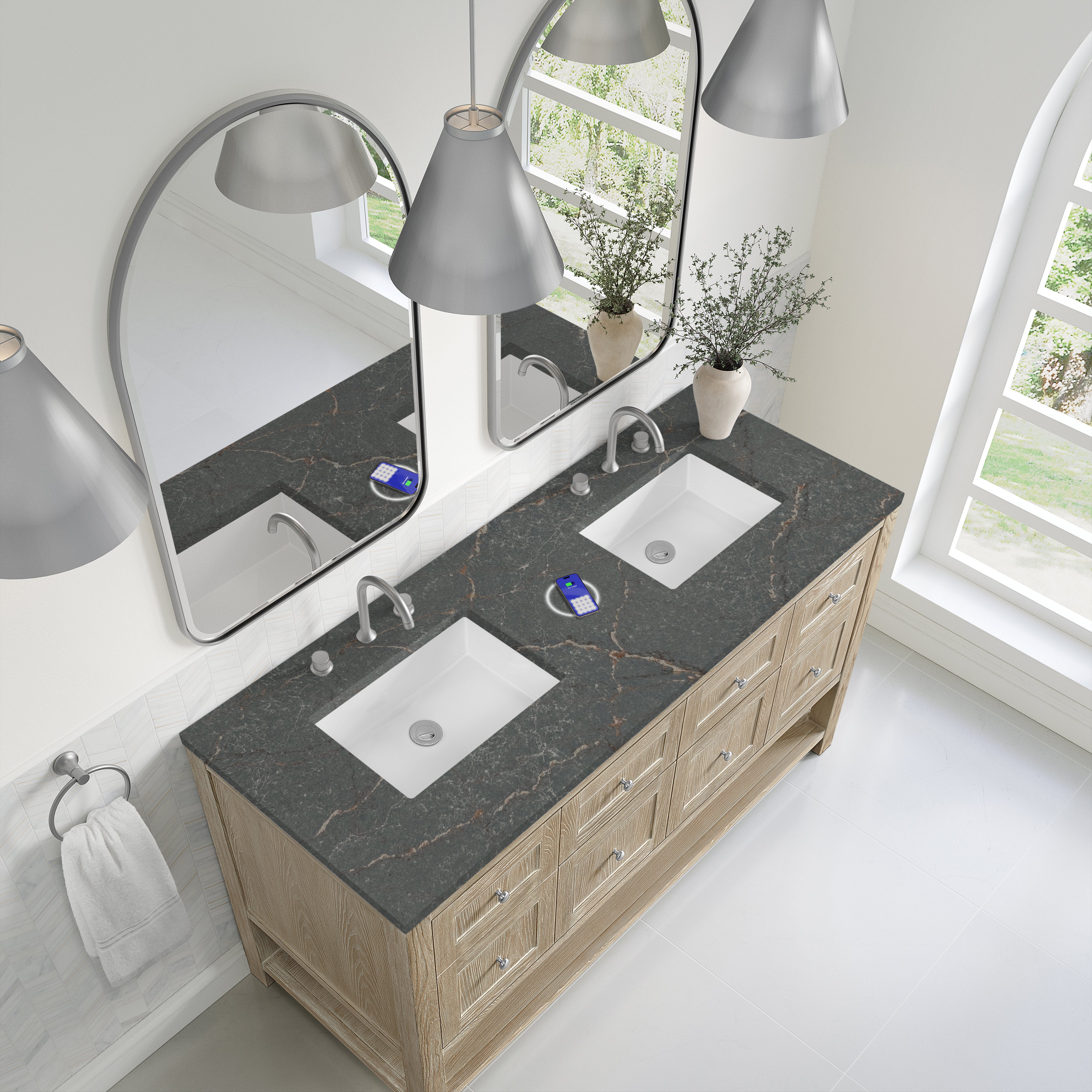 James Martin Breckenridge 60" Double Vanity in Whitewashed Oak with 3cm Countertop and FreePower Wireless Charger
