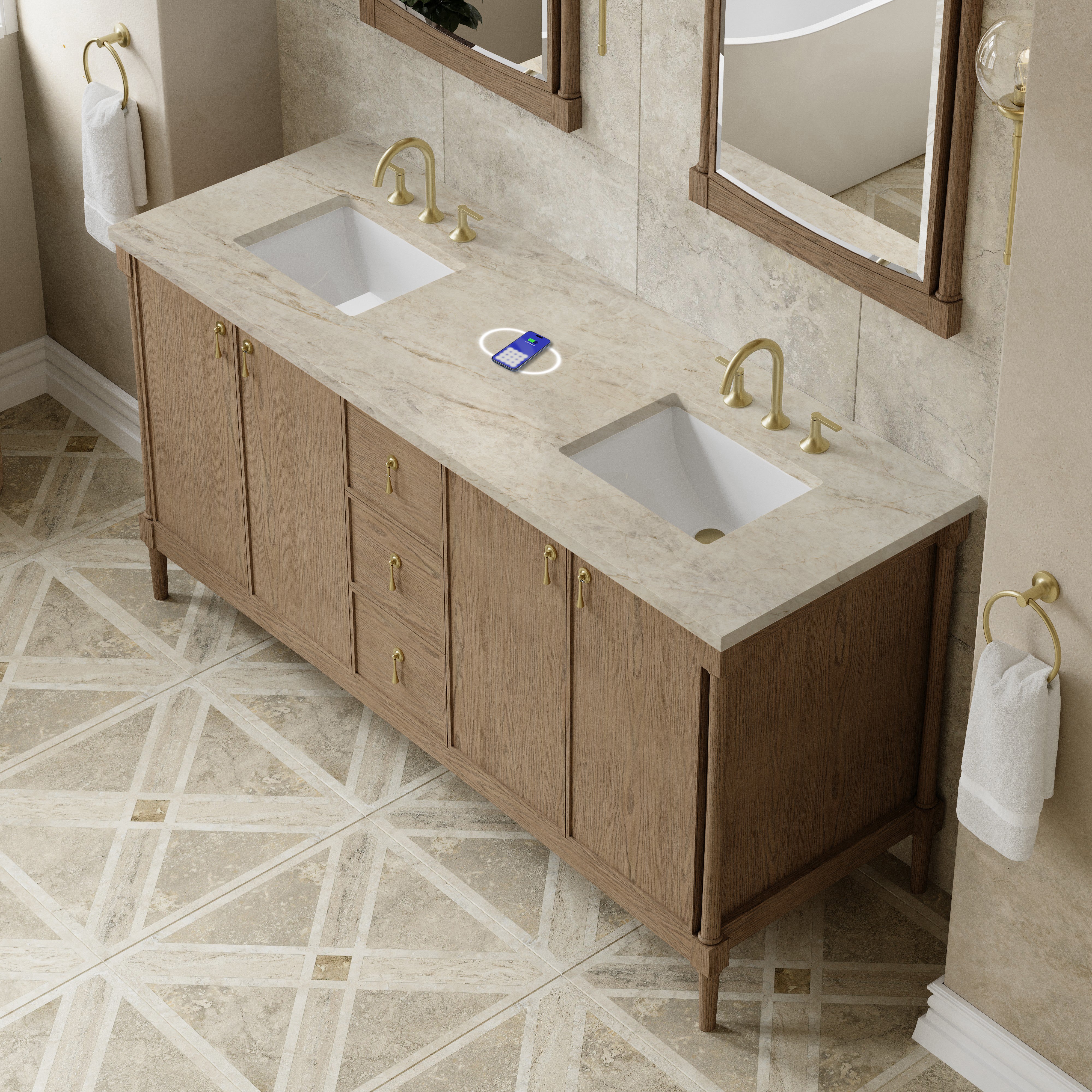 James Martin Kinnsden 72" Double Vanity in Weathered Oak with 3cm Carrara Marble Top and FreePower Wireless Charger
