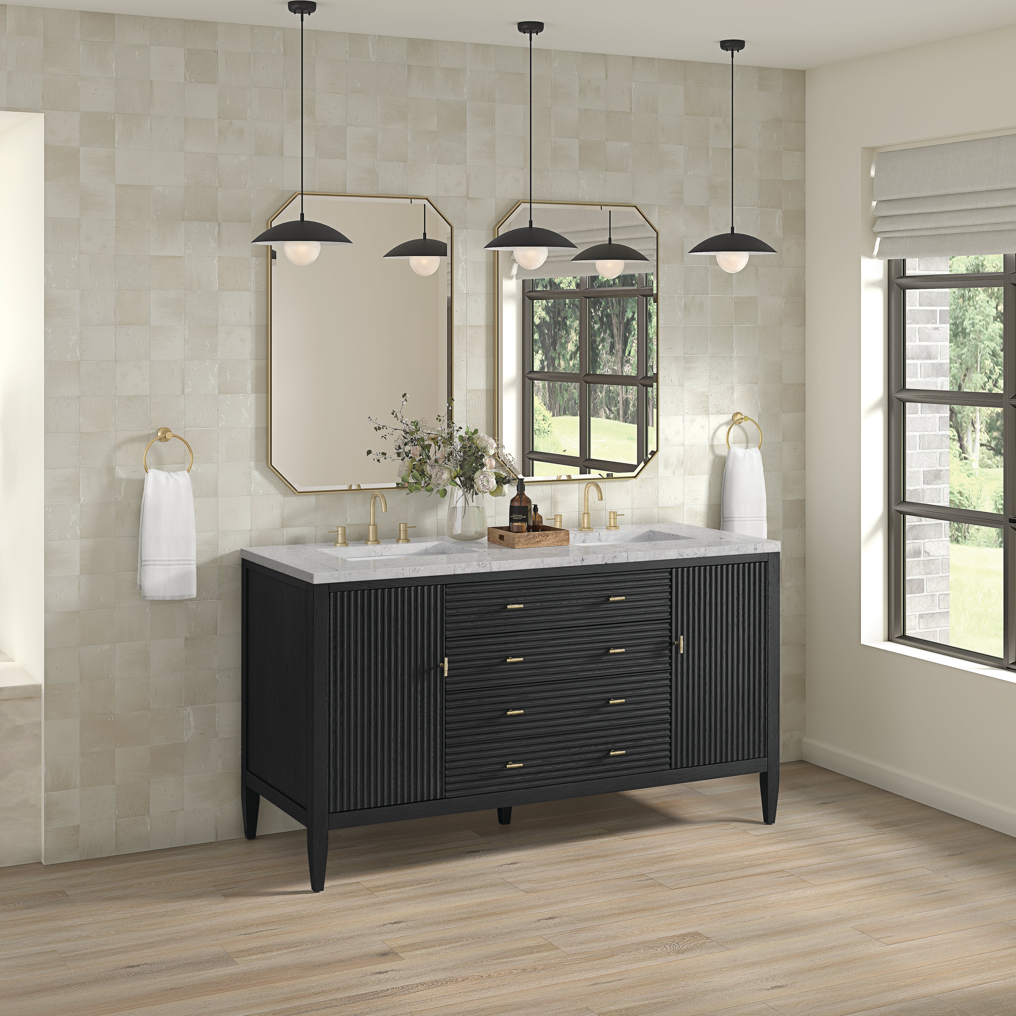 James Martin Myrrin 60" Double Vanity in Carbon Oak with 3cm Countertop and FreePower Wireless Charger