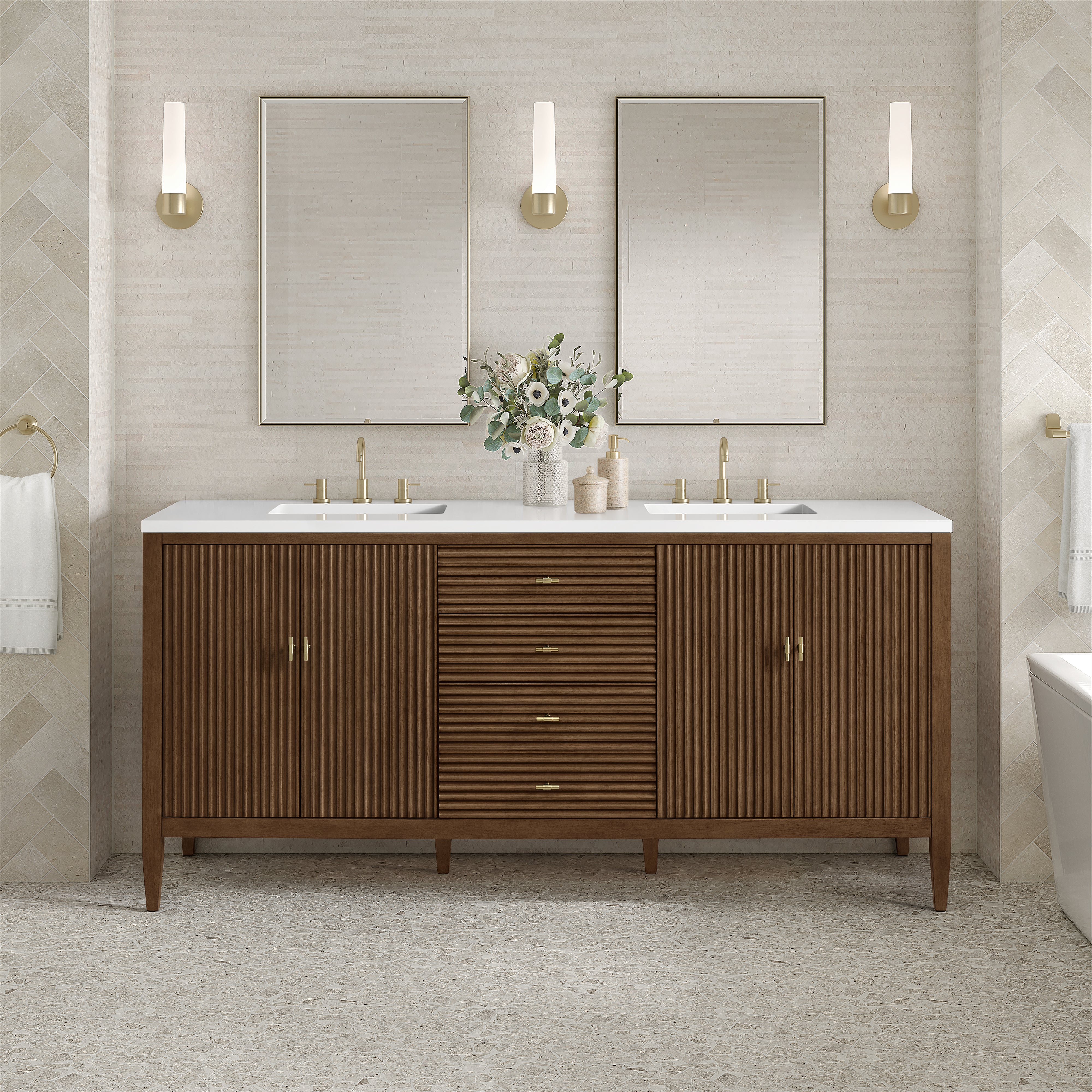 James Martin Myrrin 72" Double Vanity in Mid Century Walnut with 3cm Countertop