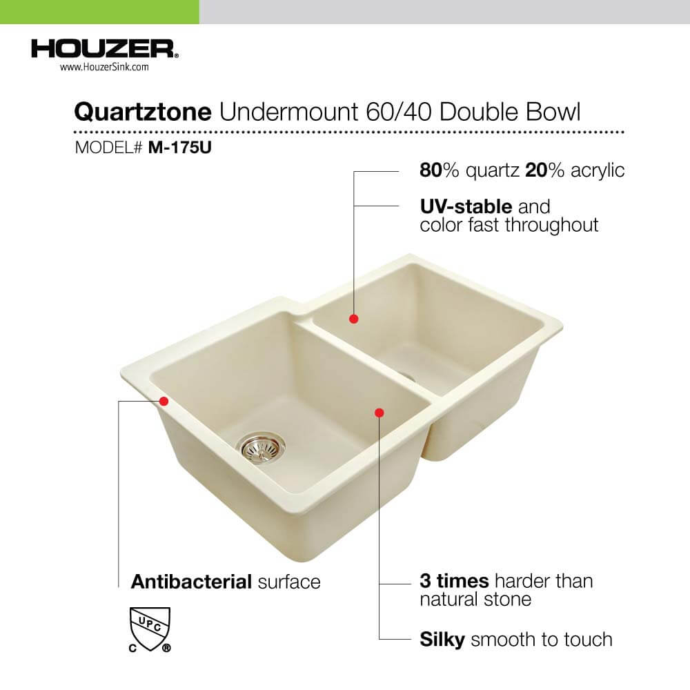 Houzer Quartztone 33" Granite Composite Undermount 60/40 Double Bowl Kitchen Sink