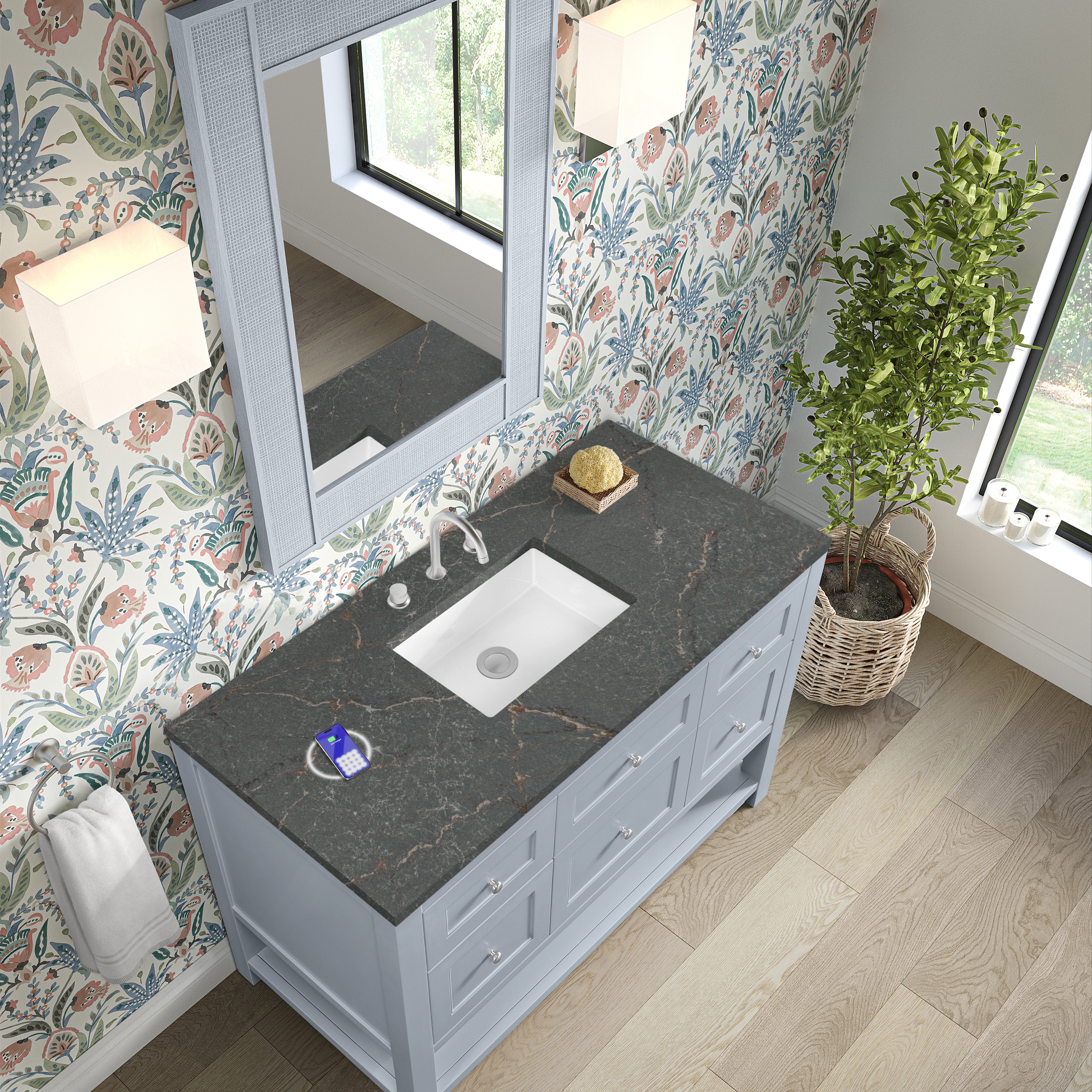 James Martin Breckenridge 48" Single Vanity in Serenity Blue with 3cm Countertop and FreePower Wireless Charger