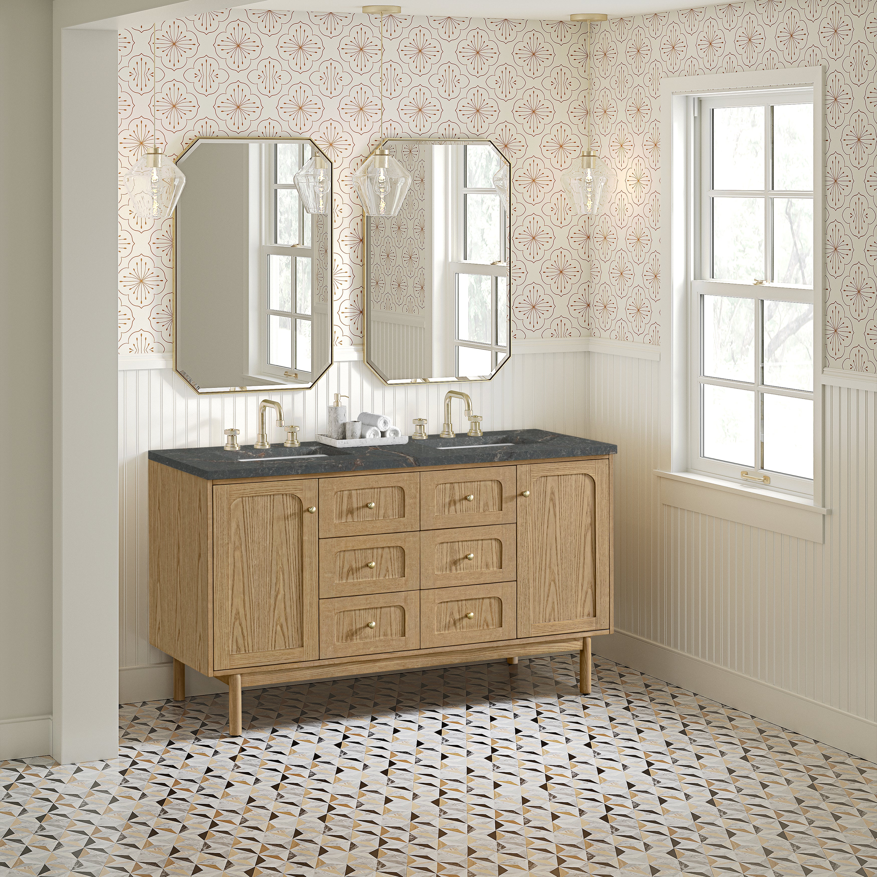 James Martin Laurent 60" Double Vanity in Light Natural Oak with 3cm Countertop and FreePower Wireless Charger