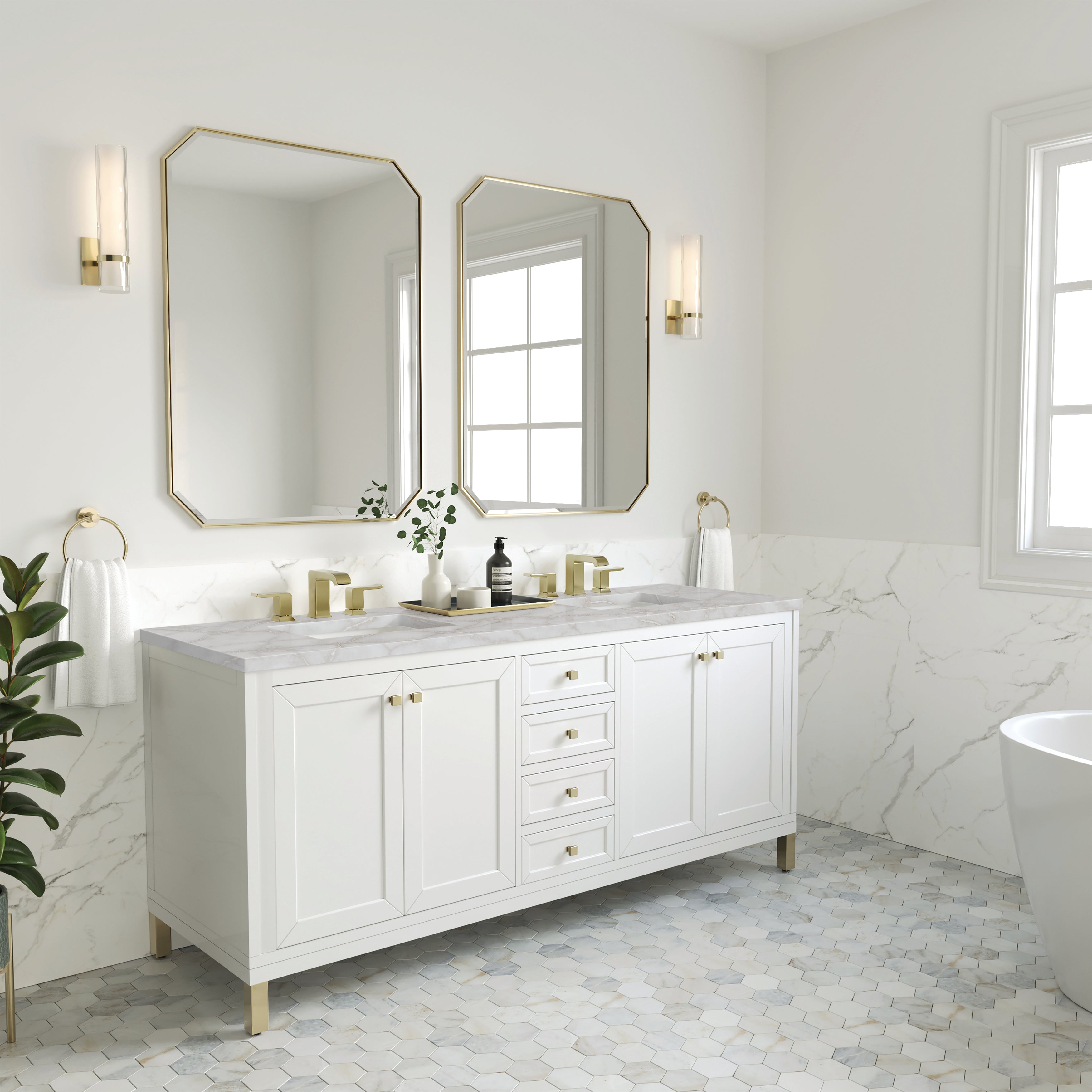 James Martin Chicago 72" Double Vanity in Glossy White with 3cm Countertop