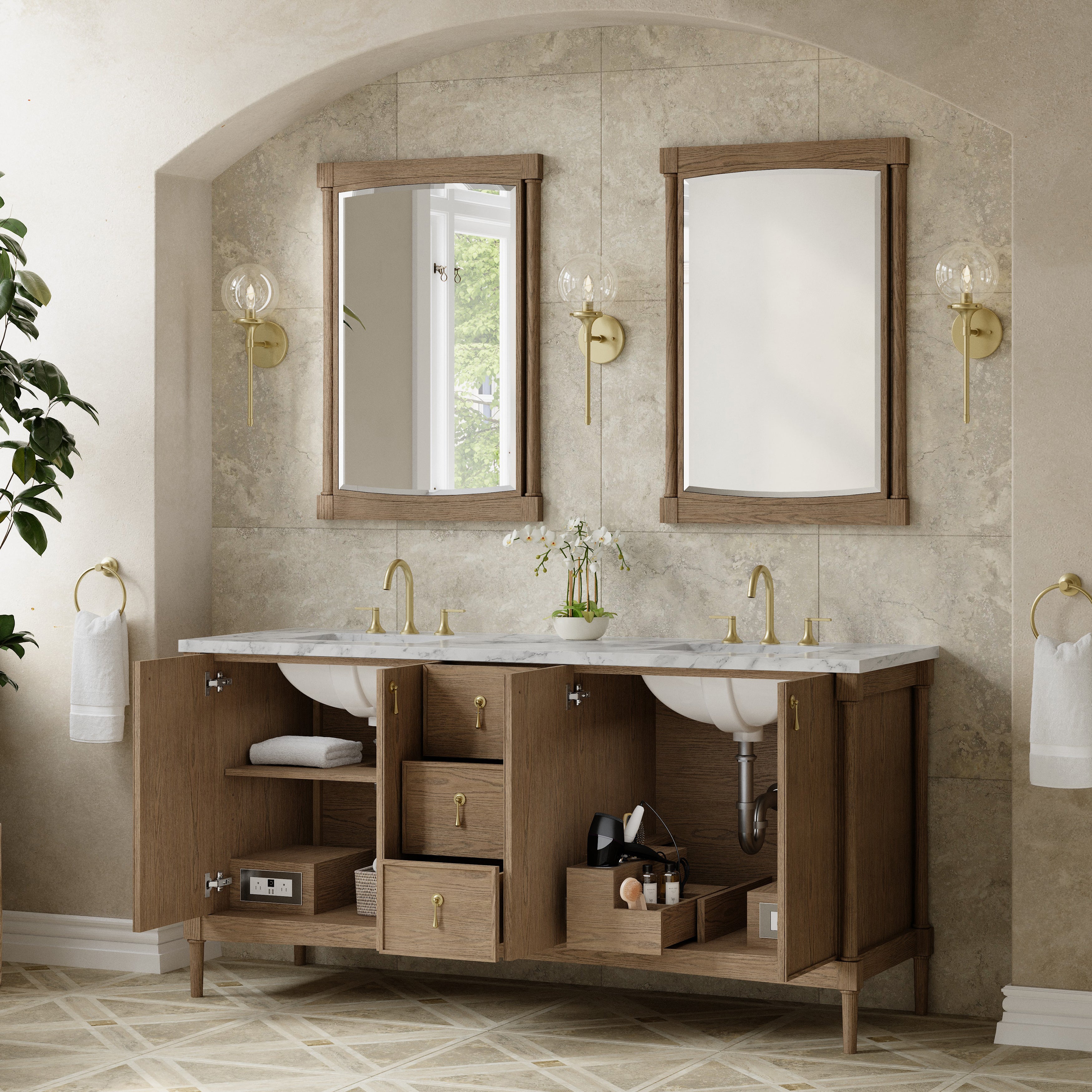 James Martin Kinnsden 72" Double Vanity in Weathered Oak with 3cm Carrara Marble Top