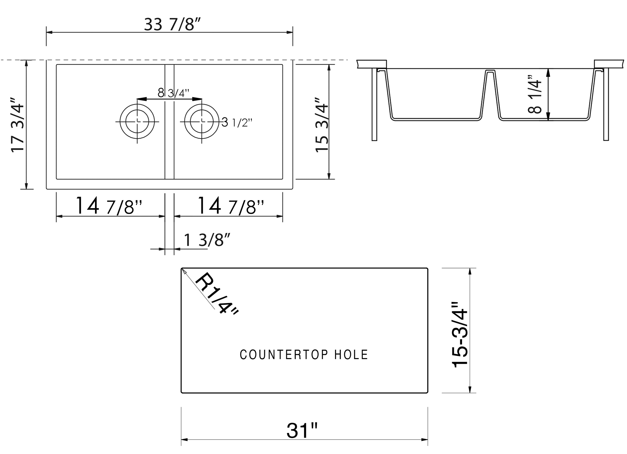 ALFI brand AB3420UM 34" Undermount Double Bowl Granite Composite Kitchen Sink