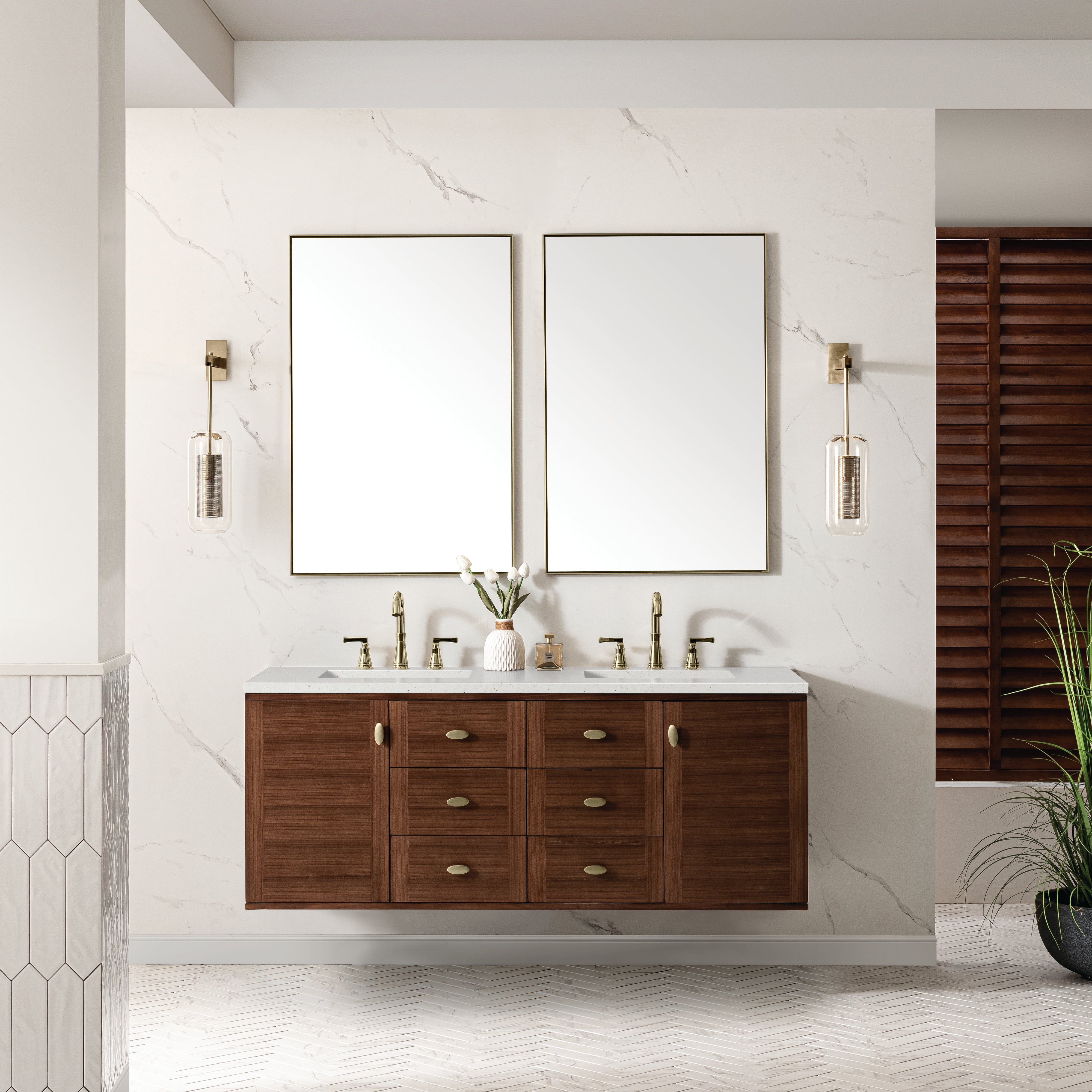 James Martin Amberly 60" Double Vanity in Mid-Century Walnut with 3cm Countertop