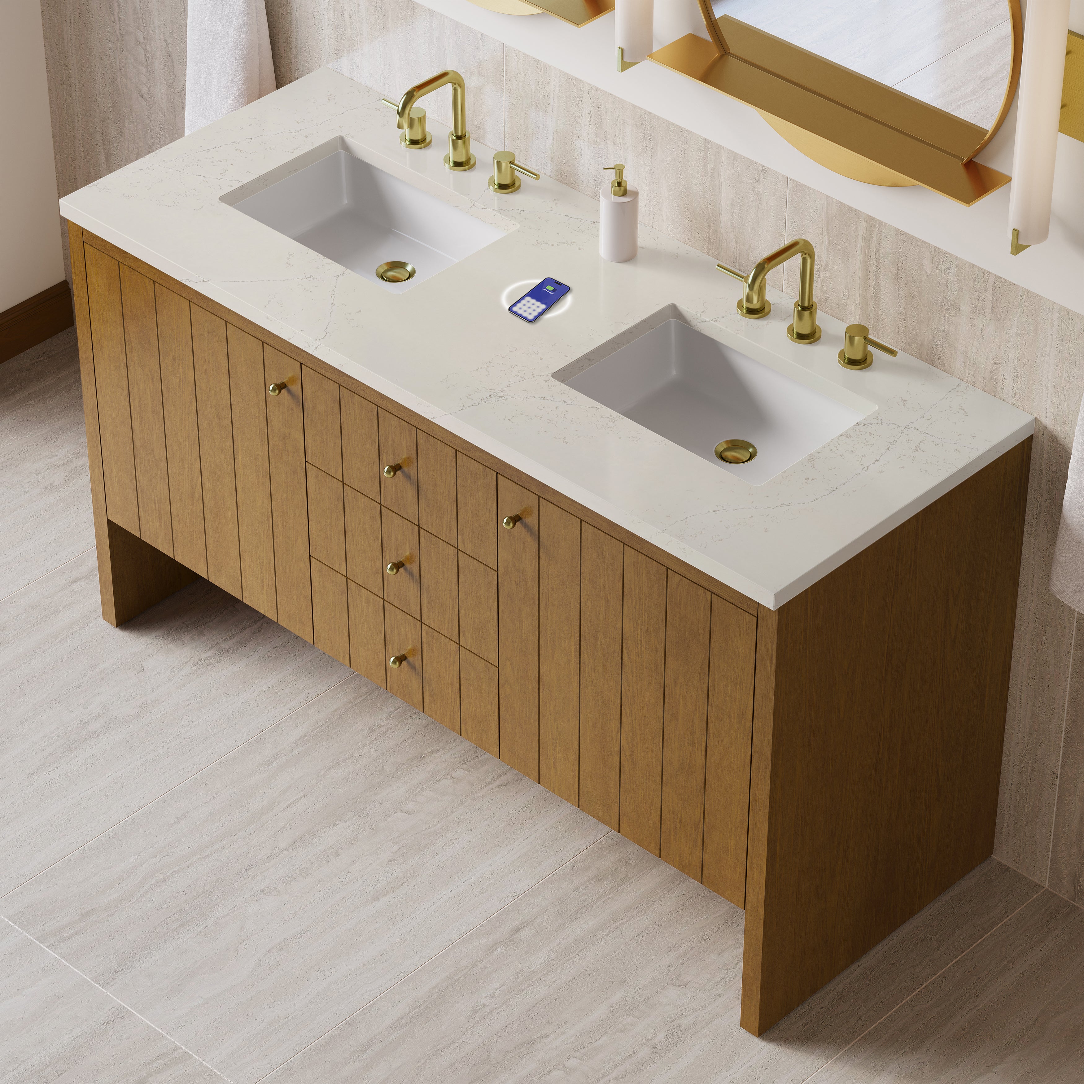 James Martin Hudson 60" Double Vanity in Honey Oak with 3cm Countertop and FreePower Wireless Charger