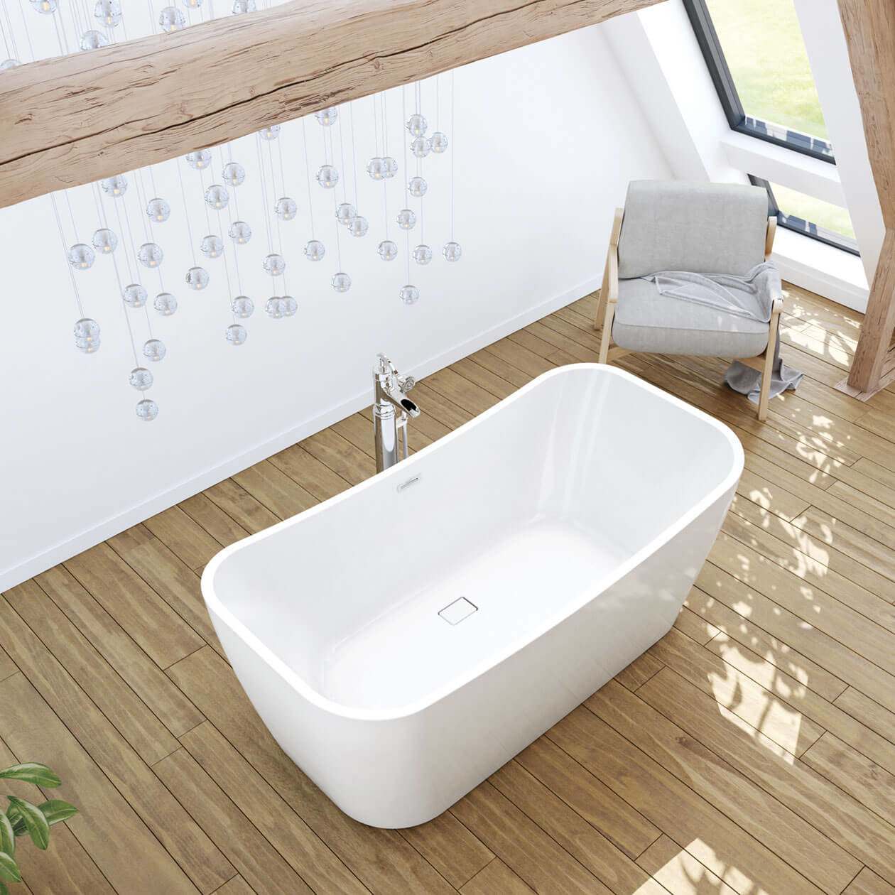Maax Villi 65 x 32 Acrylic Freestanding Center Drain Bathtub with White Skirt