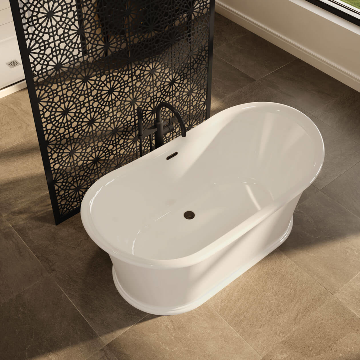Maax Elina 66 x 34 Acrylic Freestanding Center Drain Bathtub with White Skirt