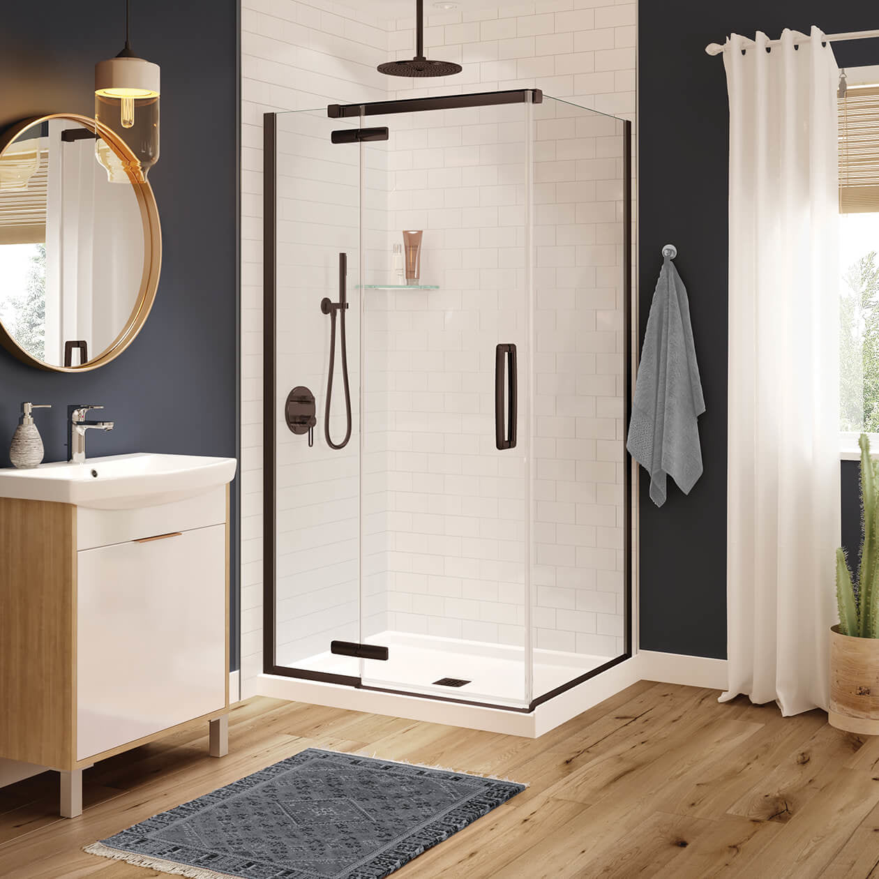 Maax Link Curve Rectangular 42 x 34 x 75 in. 8mm Pivot Shower Door for Corner Installation with Clear glass