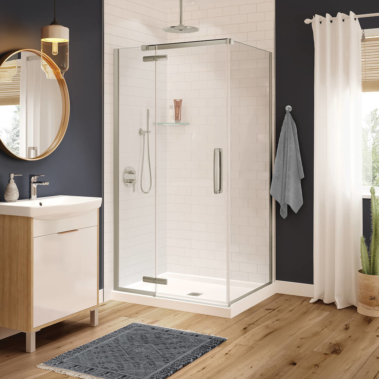 Maax Link Curve Rectangular 42 x 34 x 75 in. 8mm Pivot Shower Door for Corner Installation with Clear glass